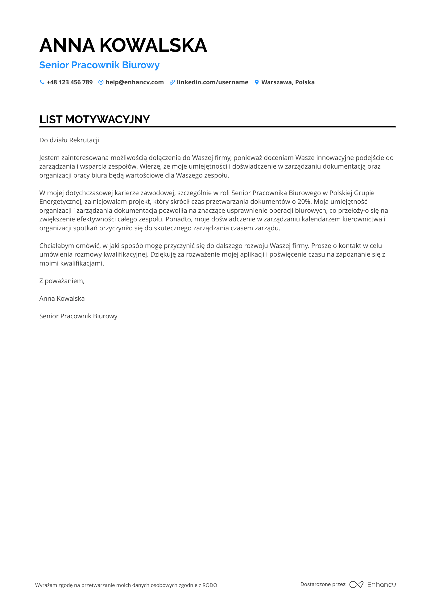 List motywacyjny dla Senior Pracownik Biurowy Resume Example