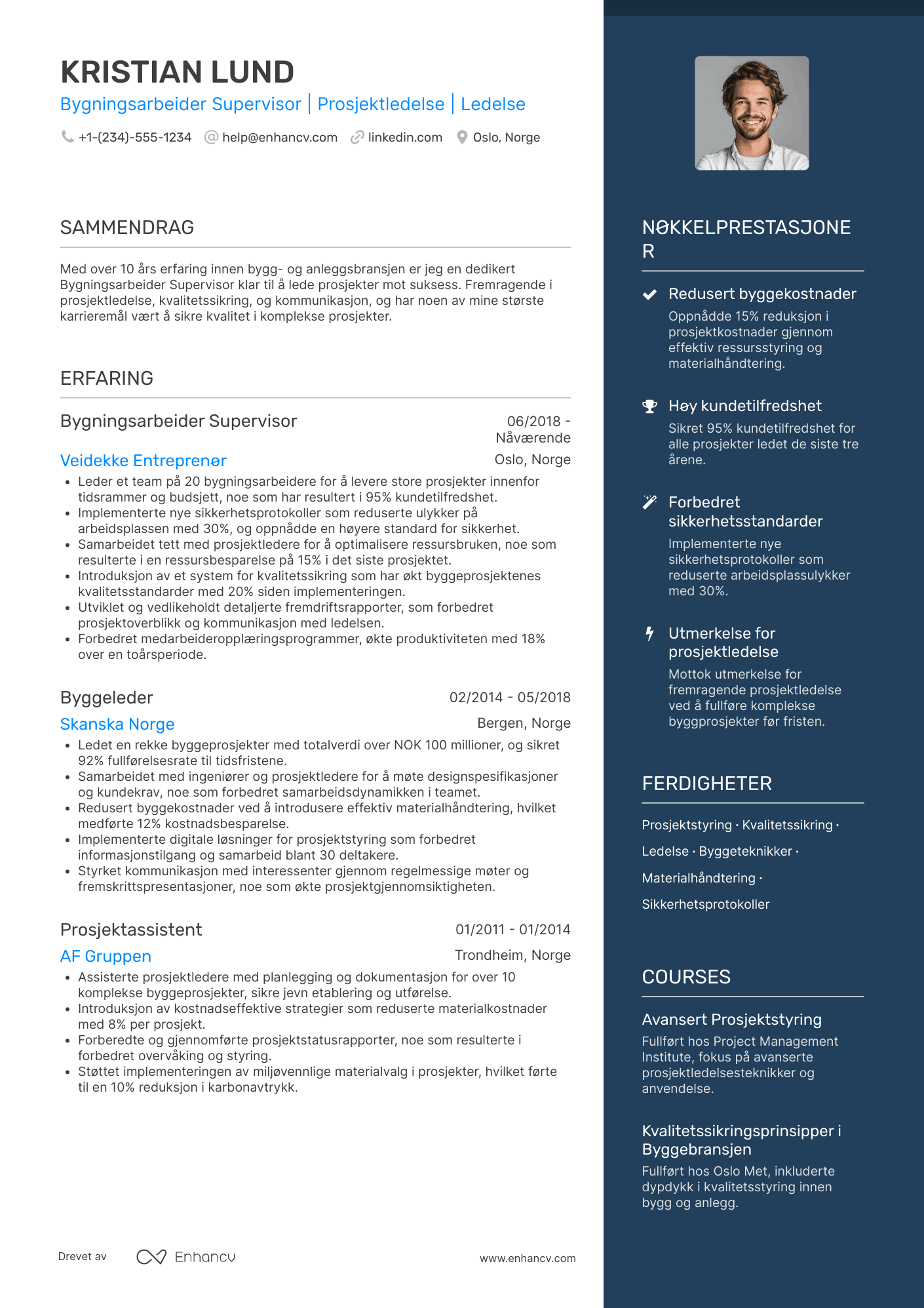 CV for Bygningsarbeider Supervisor Resume Example
