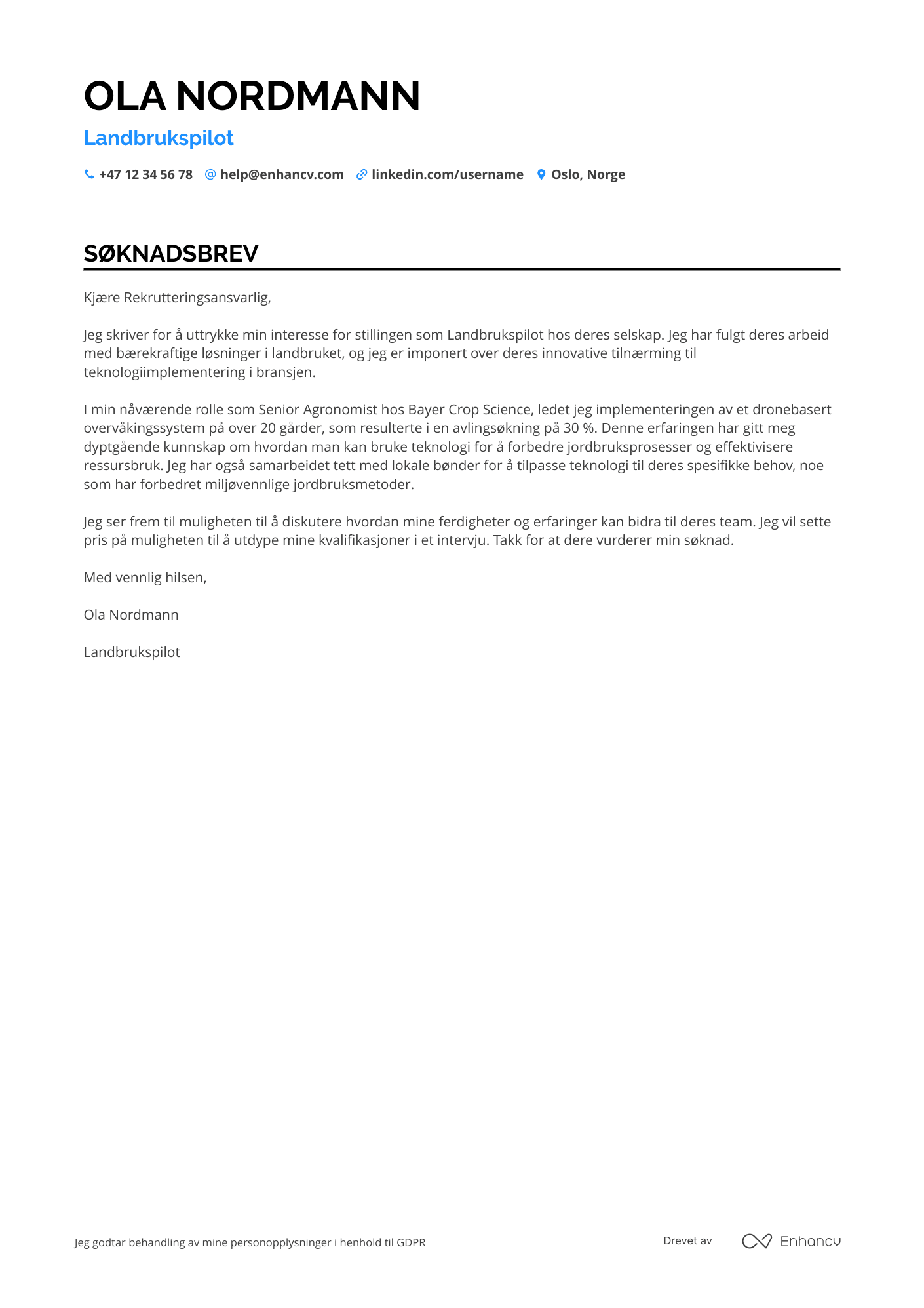 Søknadsbrev for Landbrukspilot Resume Example