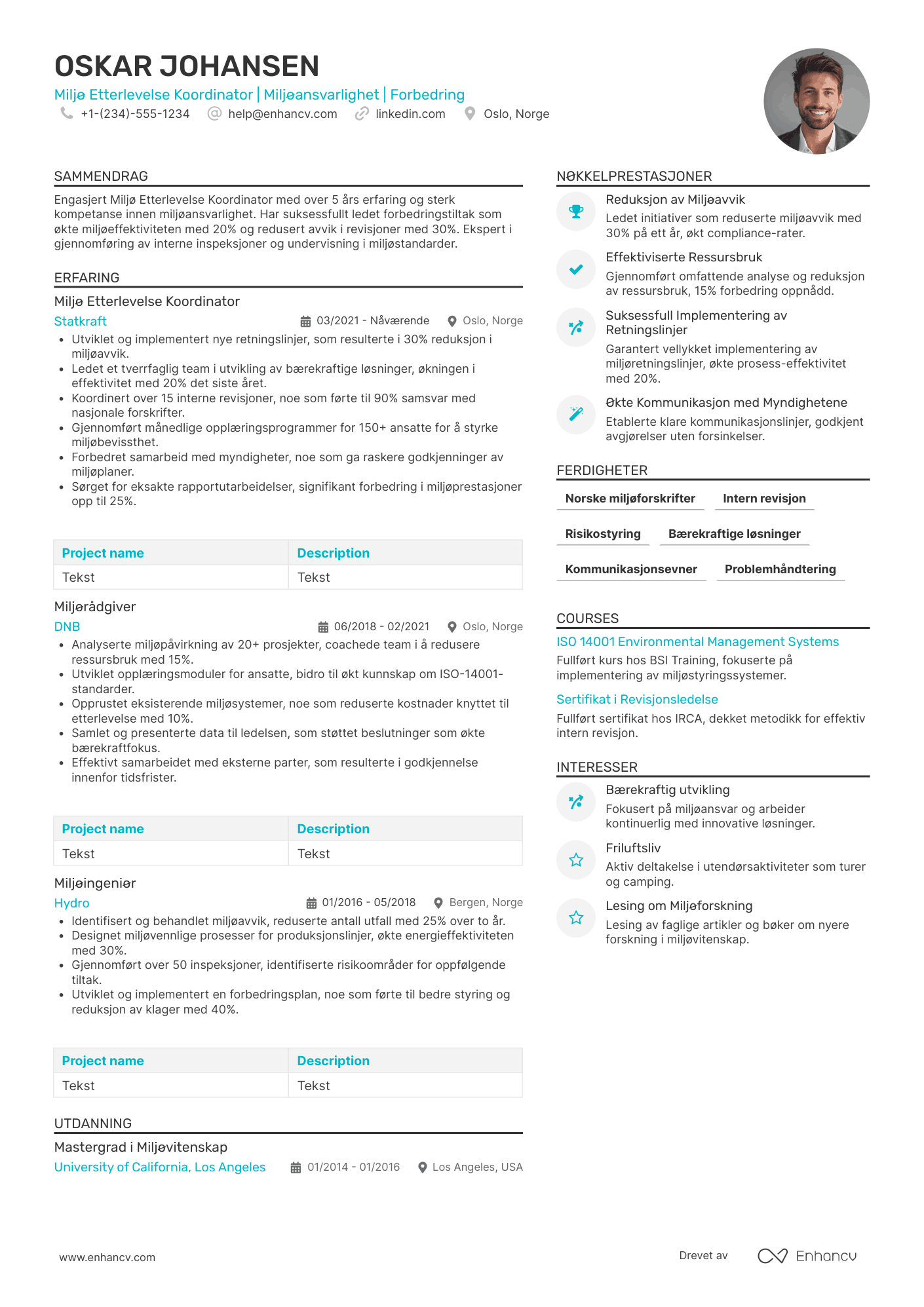 CV for Miljø Etterlevelse Koordinator Resume Example