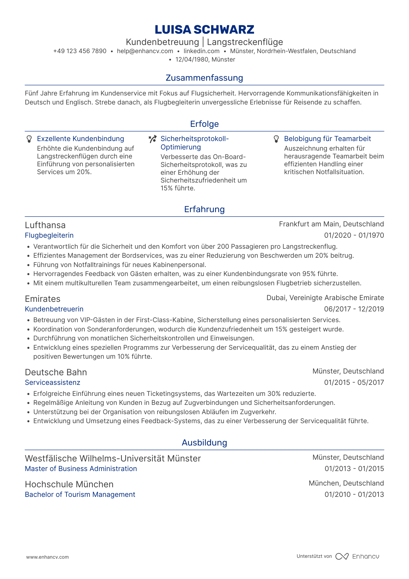 Lebenslauf als Flugbegleiter für Langstreckenflüge Resume Example