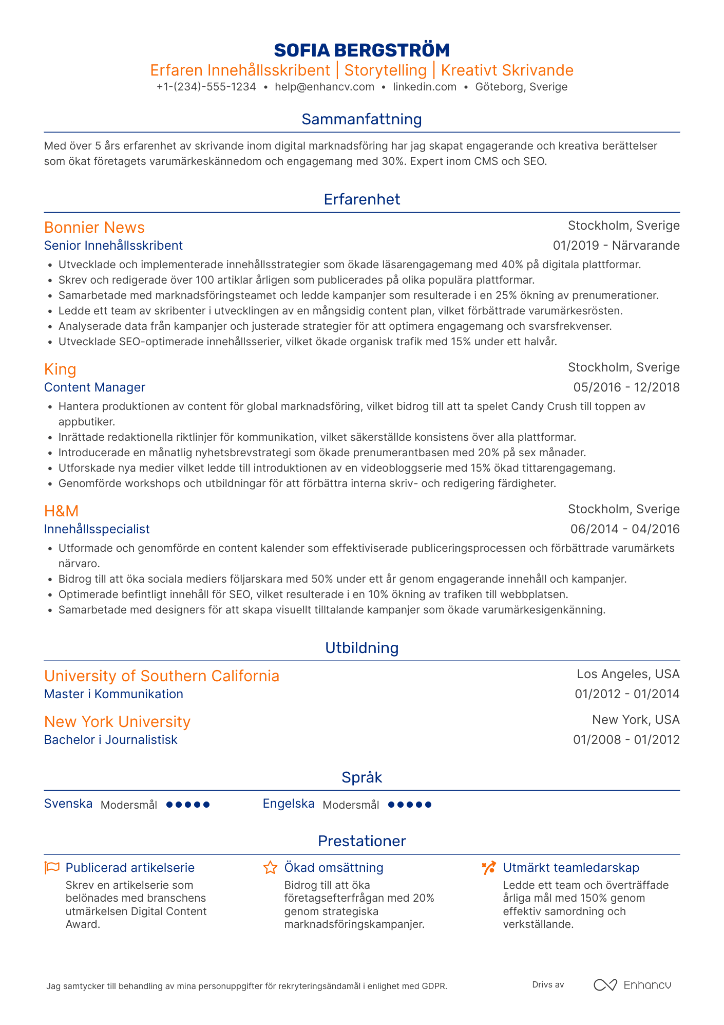 CV för Erfaren Innehållsskribent Resume Example