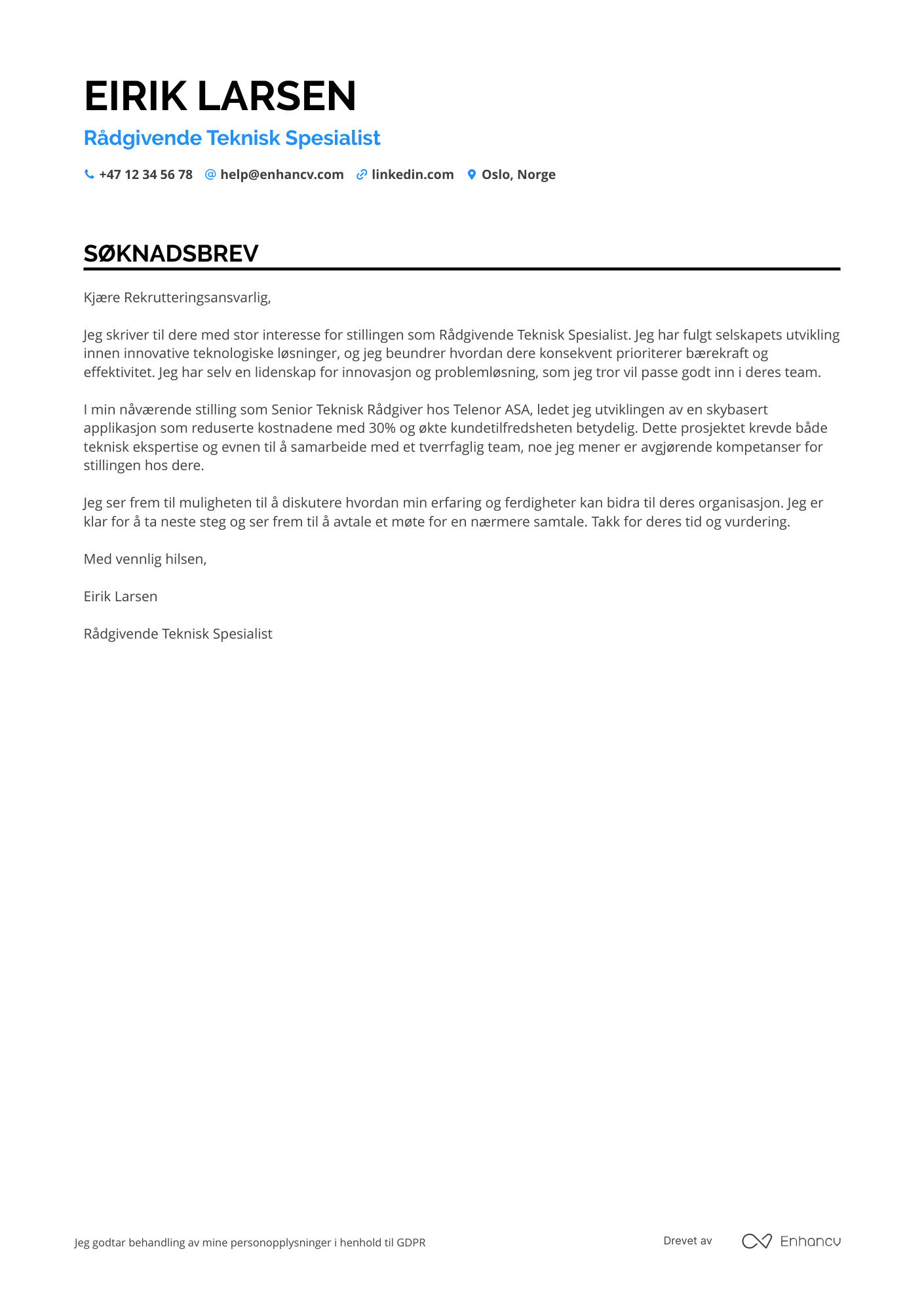 Søknadsbrev for Rådgivende teknisk specialist Resume Example