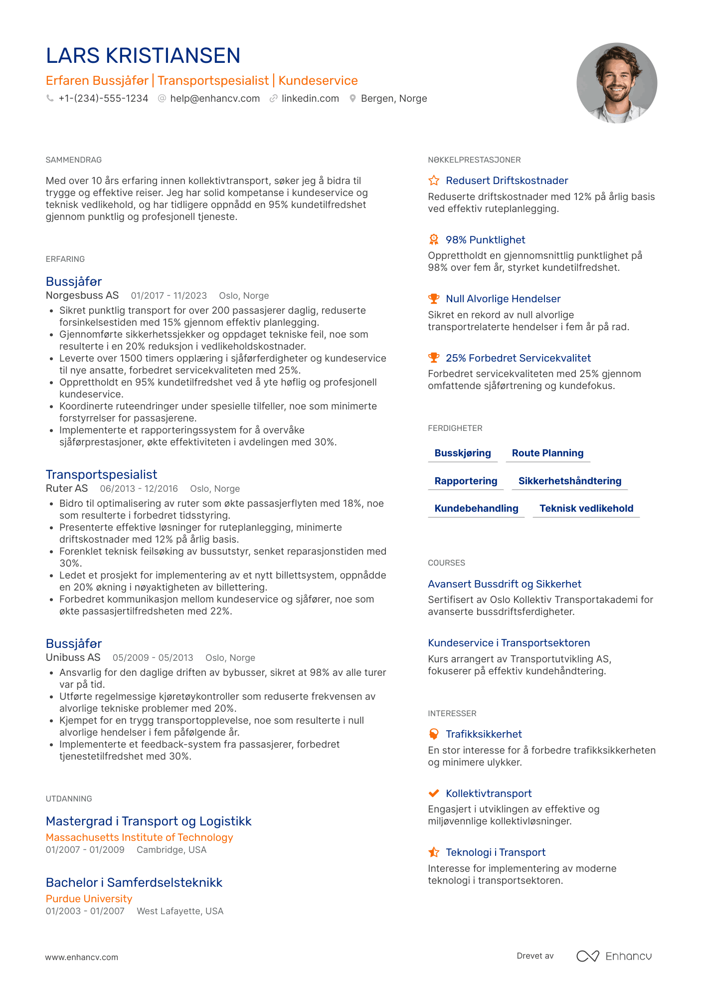 CV for Bussjåfør på kontrakt Resume Example