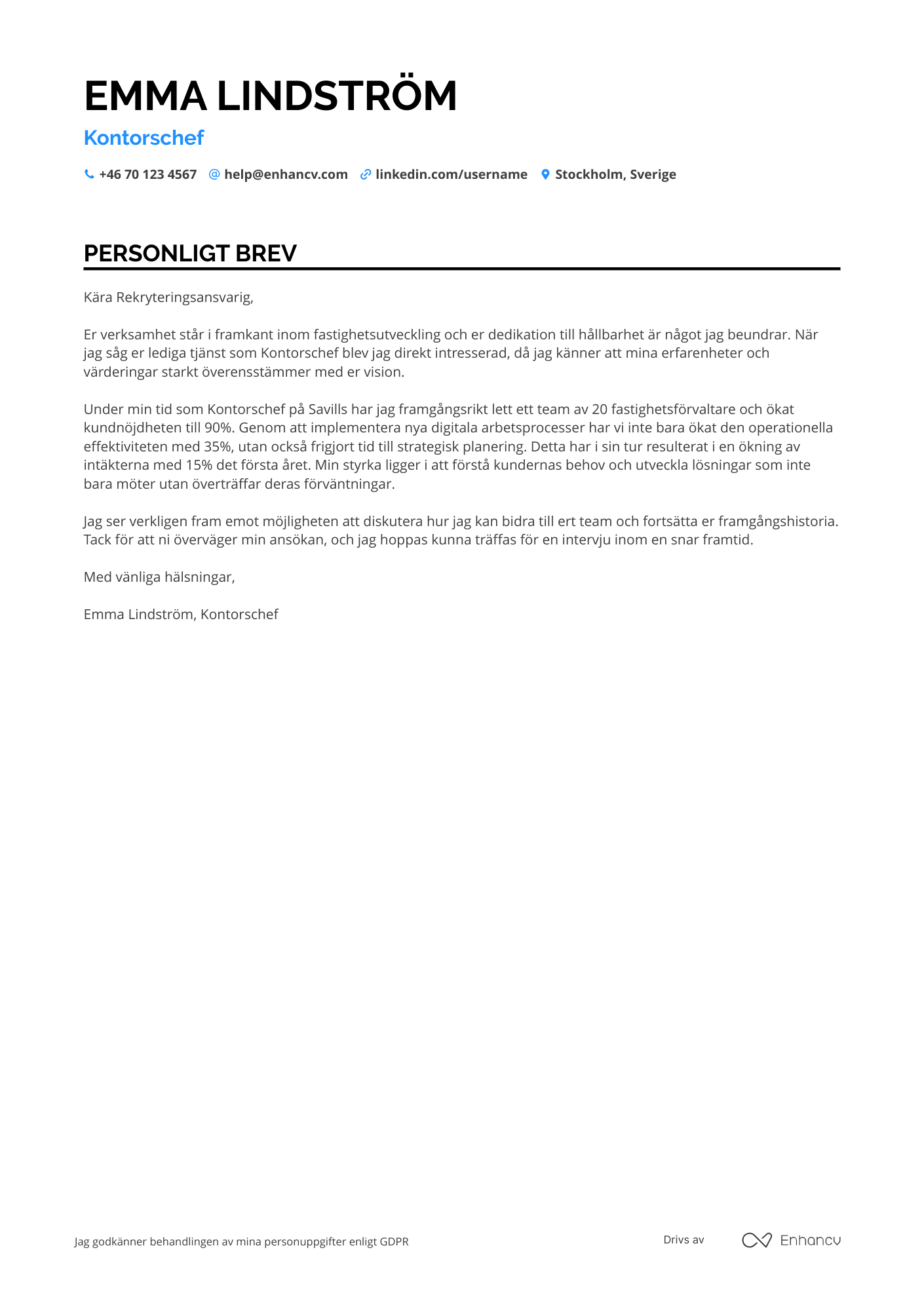 Personligt brev för Kontorschef Fastigheter Resume Example