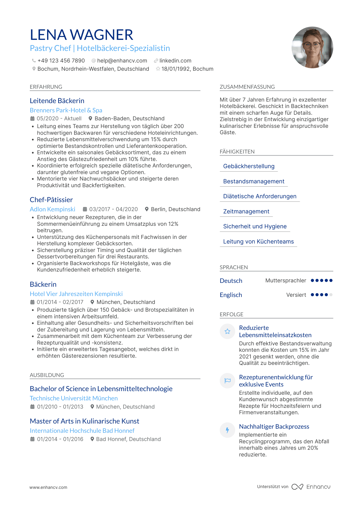 Lebenslauf in Hotel Bäcker Resume Example