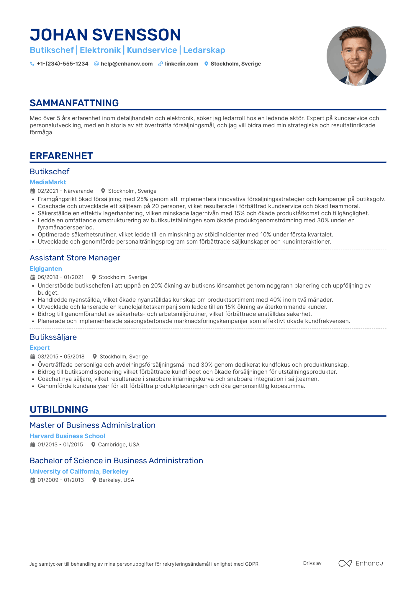 CV för Butikschef för Elektronikbutik Resume Example