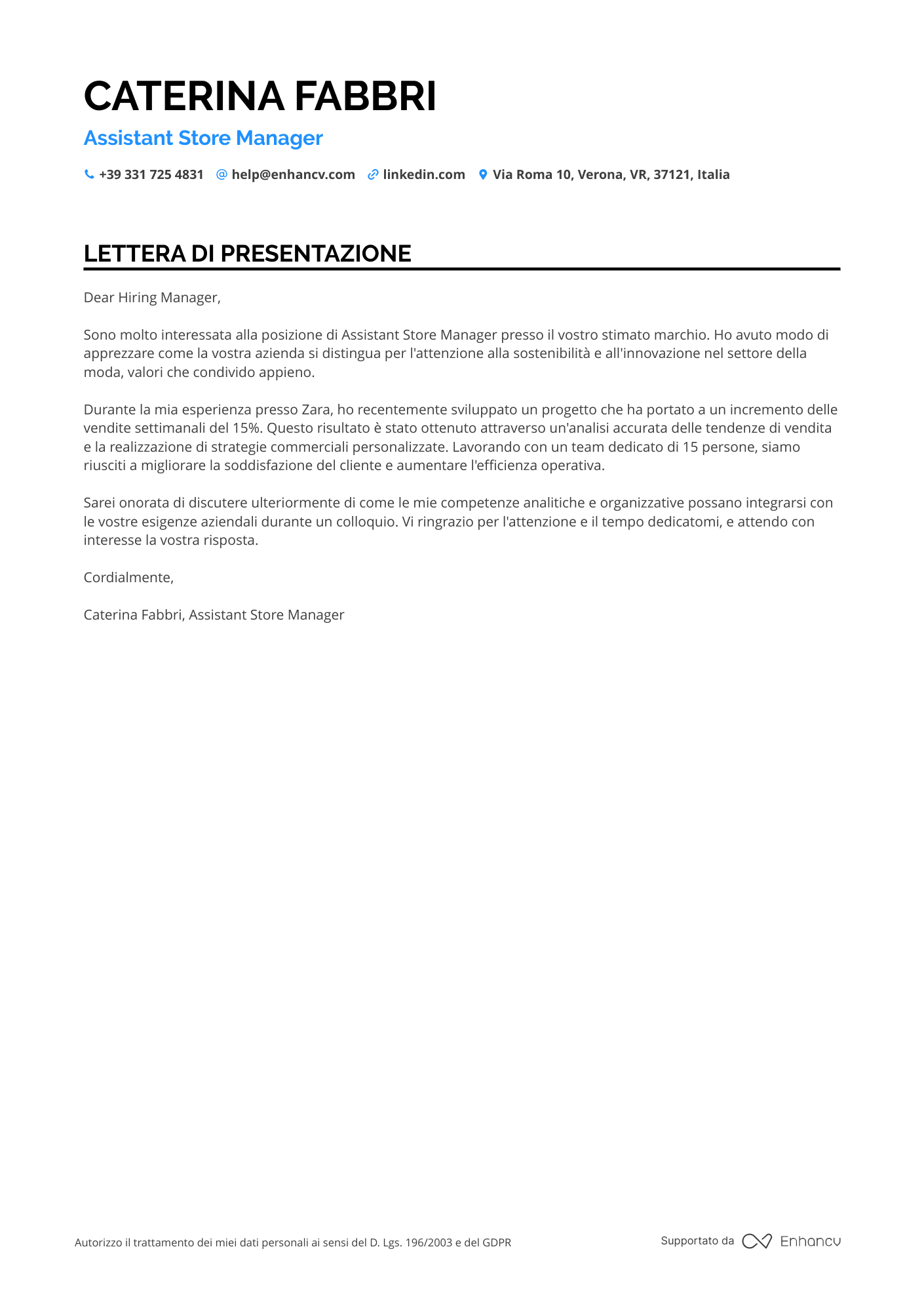 Zara Prima Esperienza Resume Example