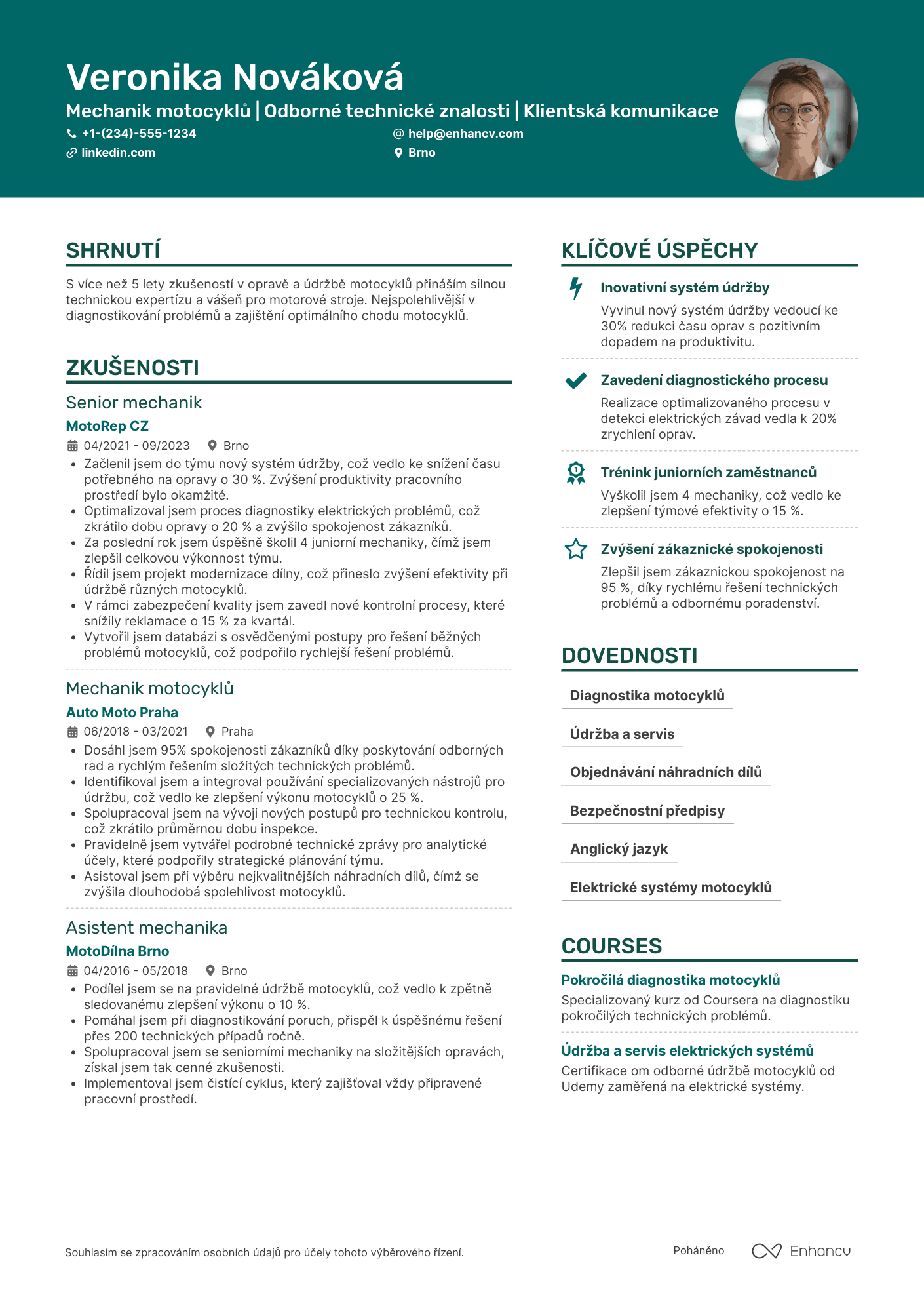 Životopis pro Mechanik motocyklů Resume Example