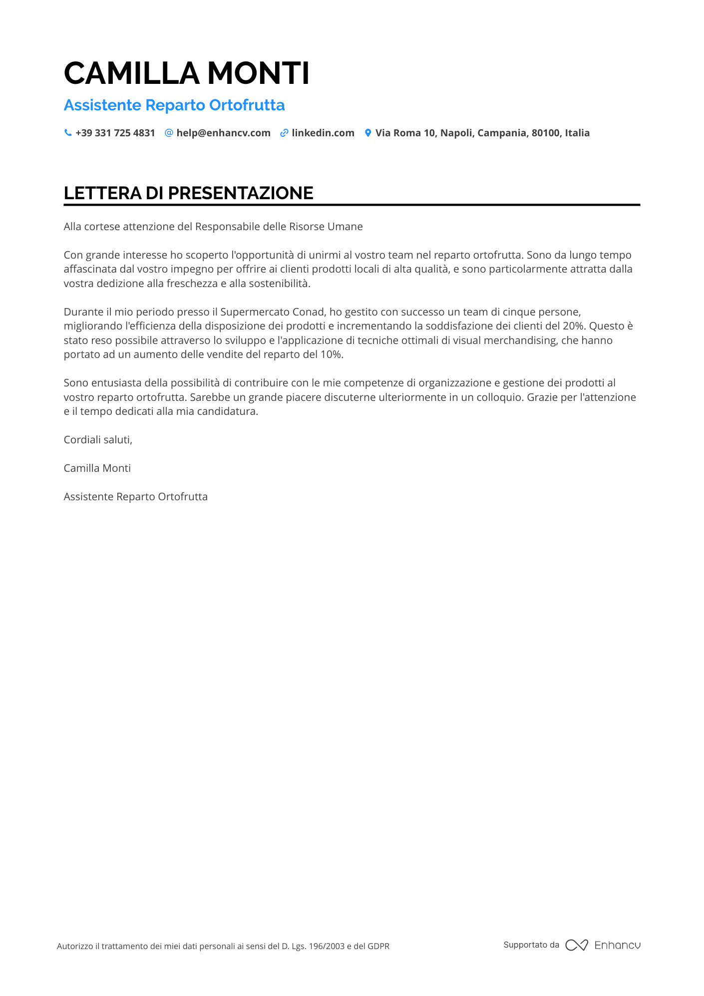 Addetto alla Panetteria Eurospin Resume Example