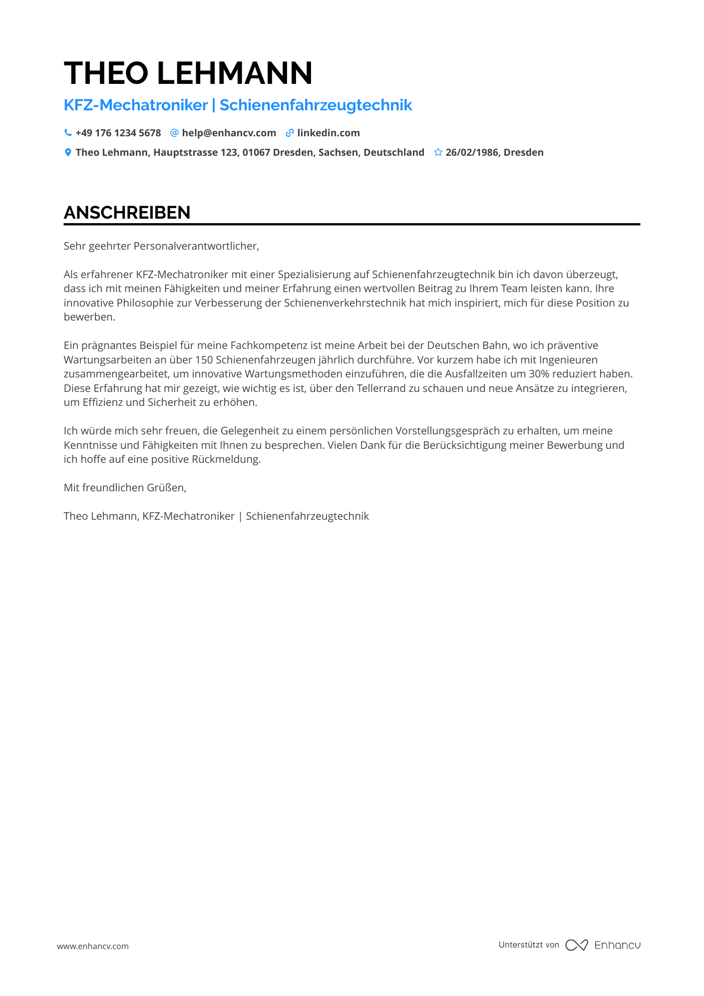 KFZ Mechatroniker für Schienenfahrzeuge Resume Example