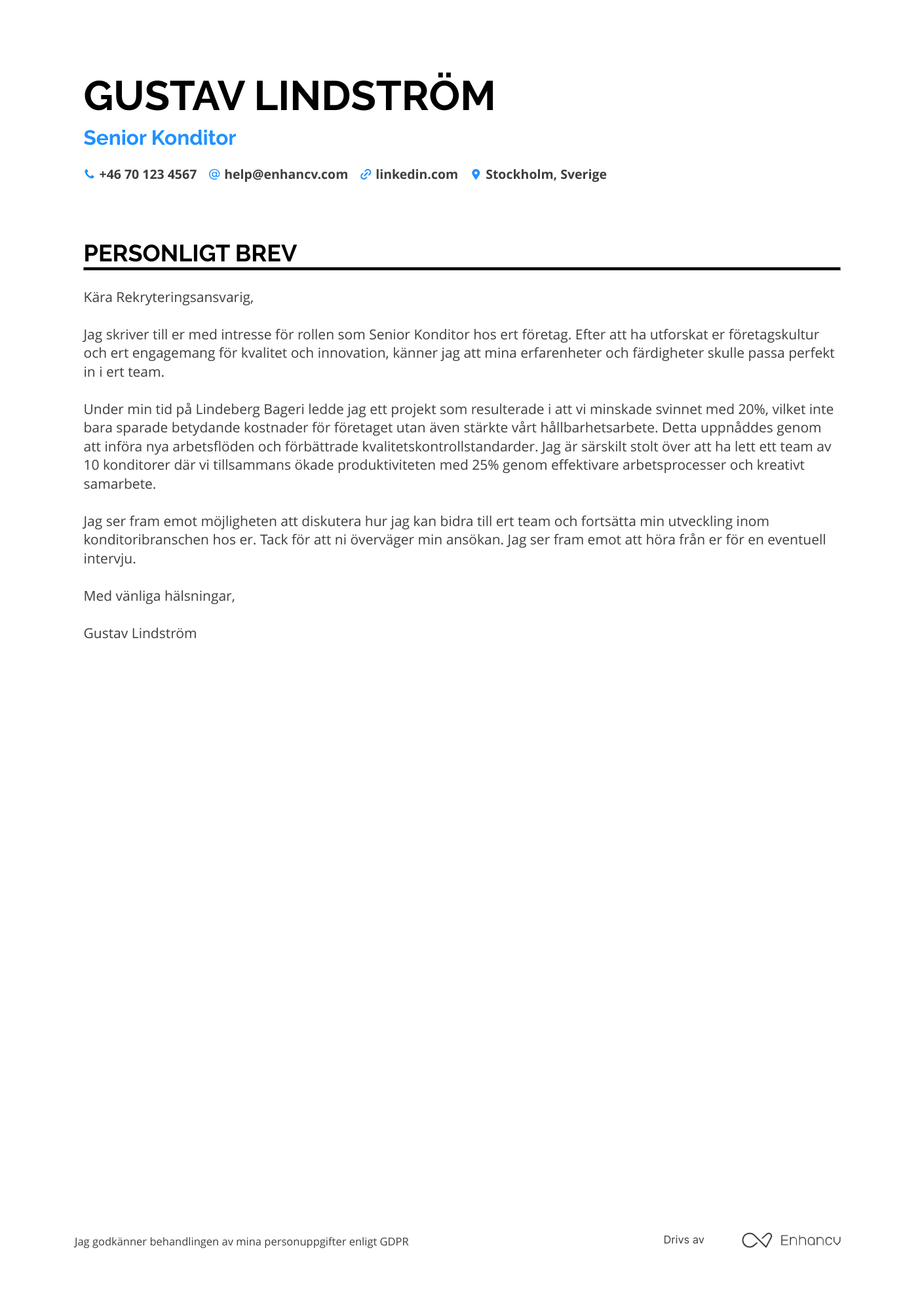 Personligt brev för Senior Konditor Resume Example