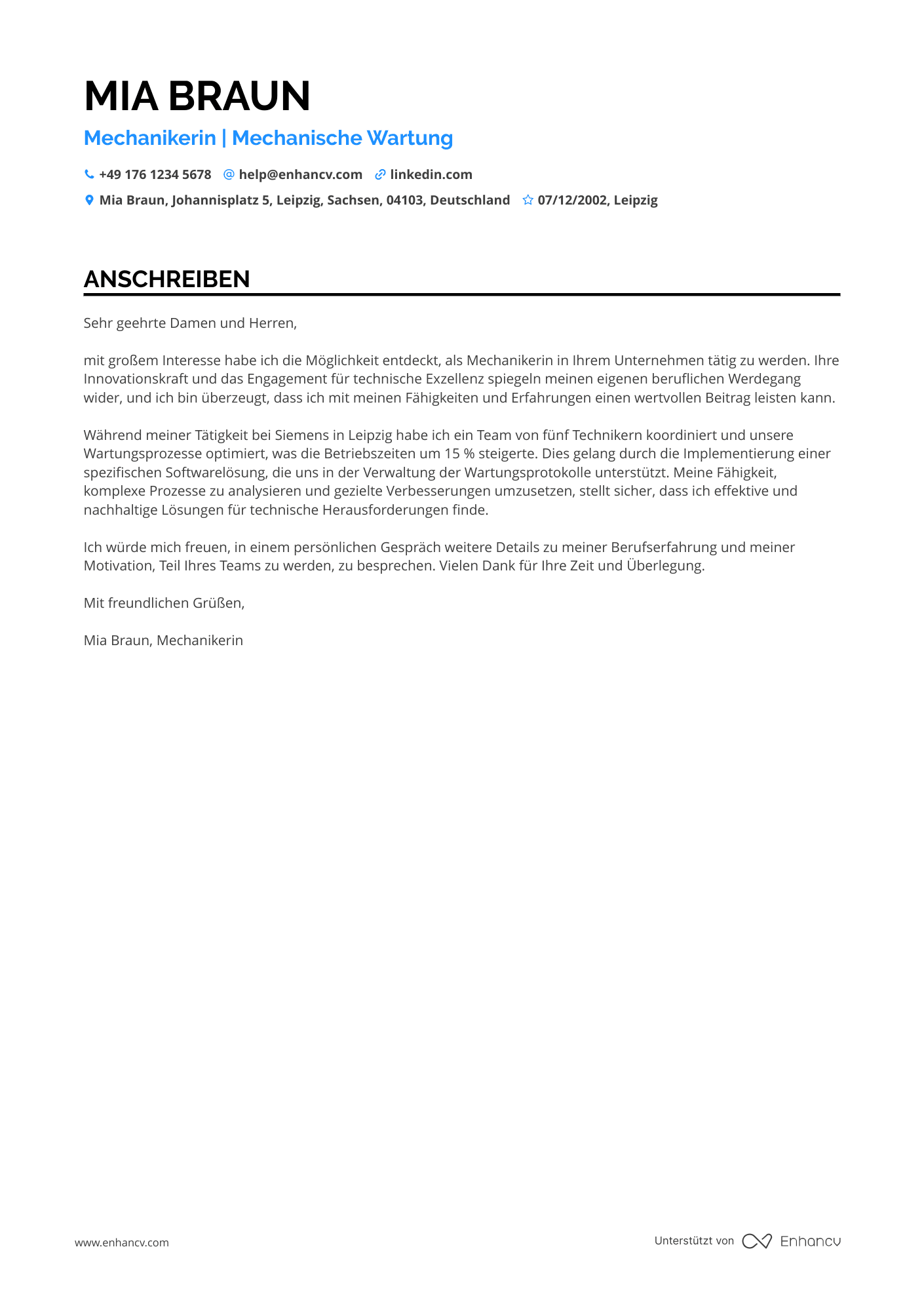 Einsteiger Mechaniker Resume Example