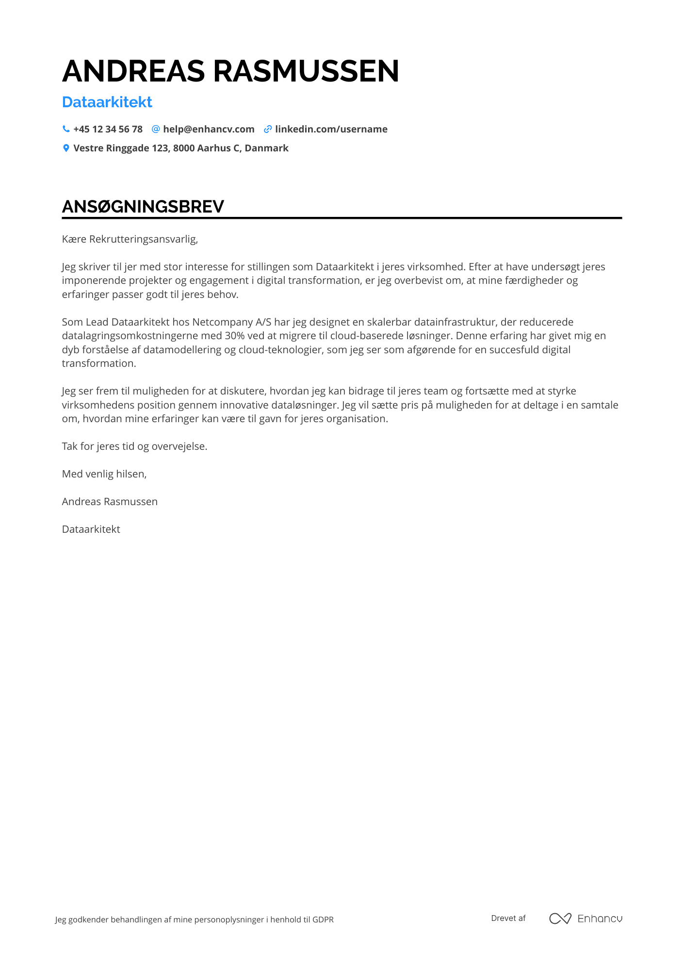 Ansøgningsbrev til Dataarkitekt Resume Example