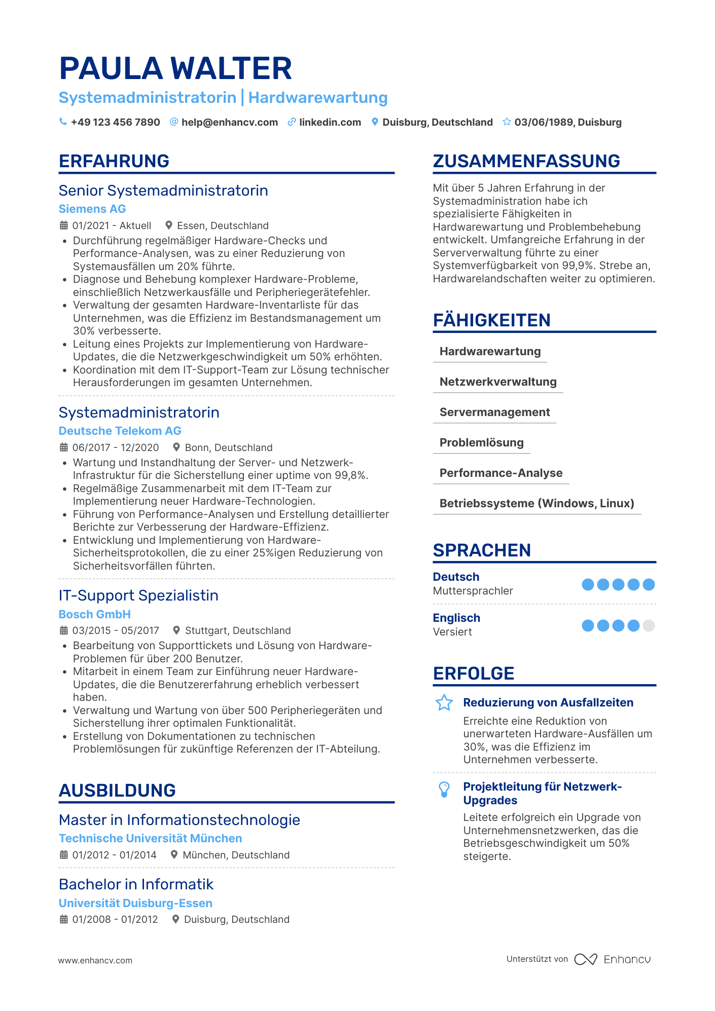 Lebenslauf als Systemadministrator für Hardwarewartung Resume Example