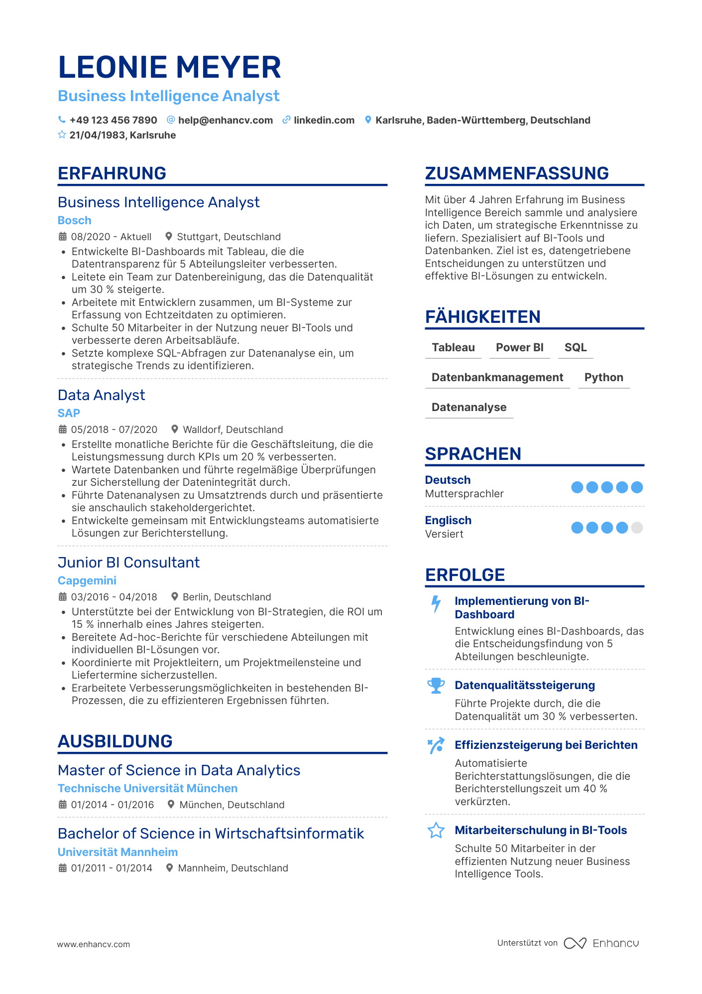 Lebenslauf als Business Intelligence Analyst Resume Example