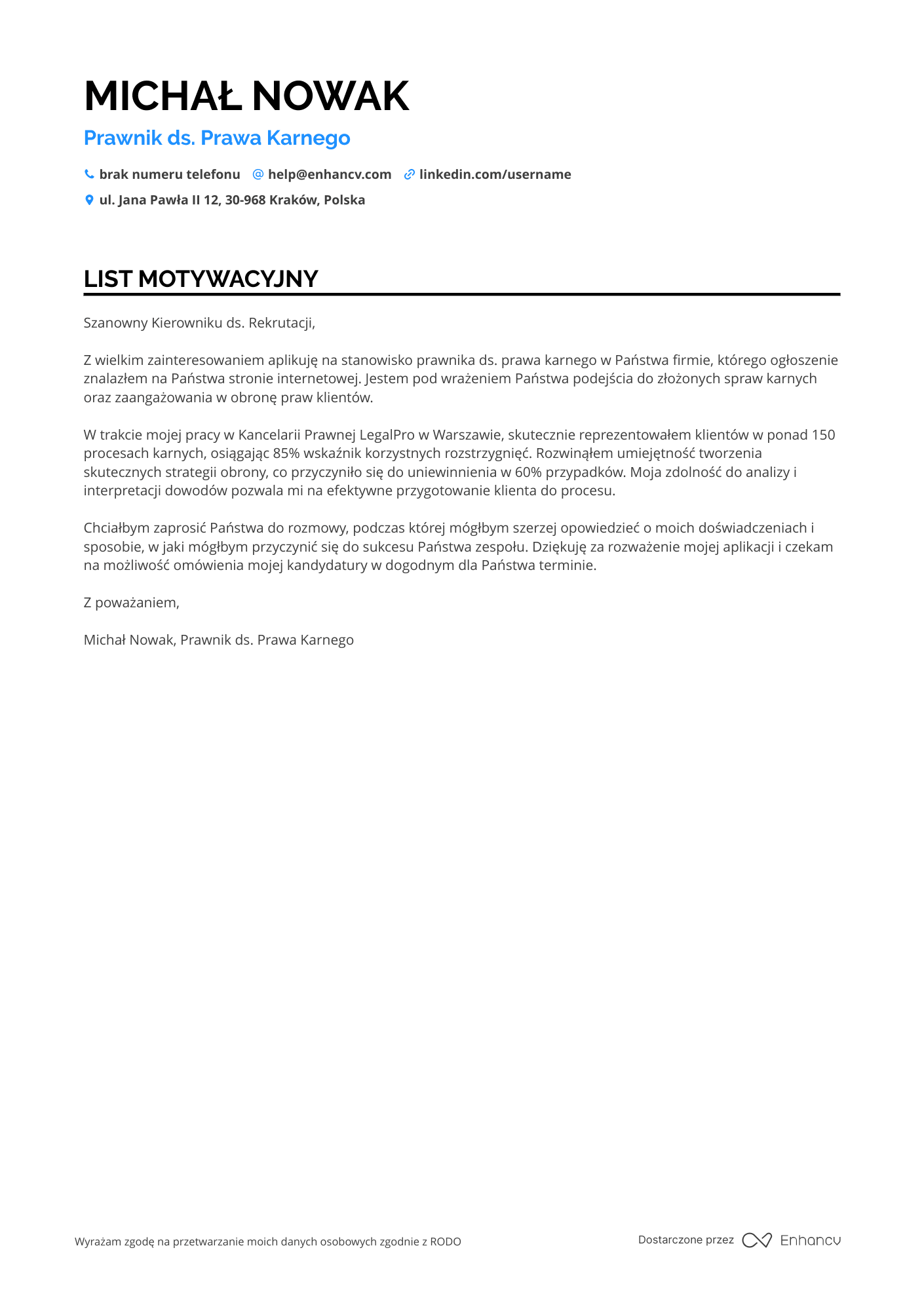 List motywacyjny dla Prawnik ds. Prawa Karnego Resume Example