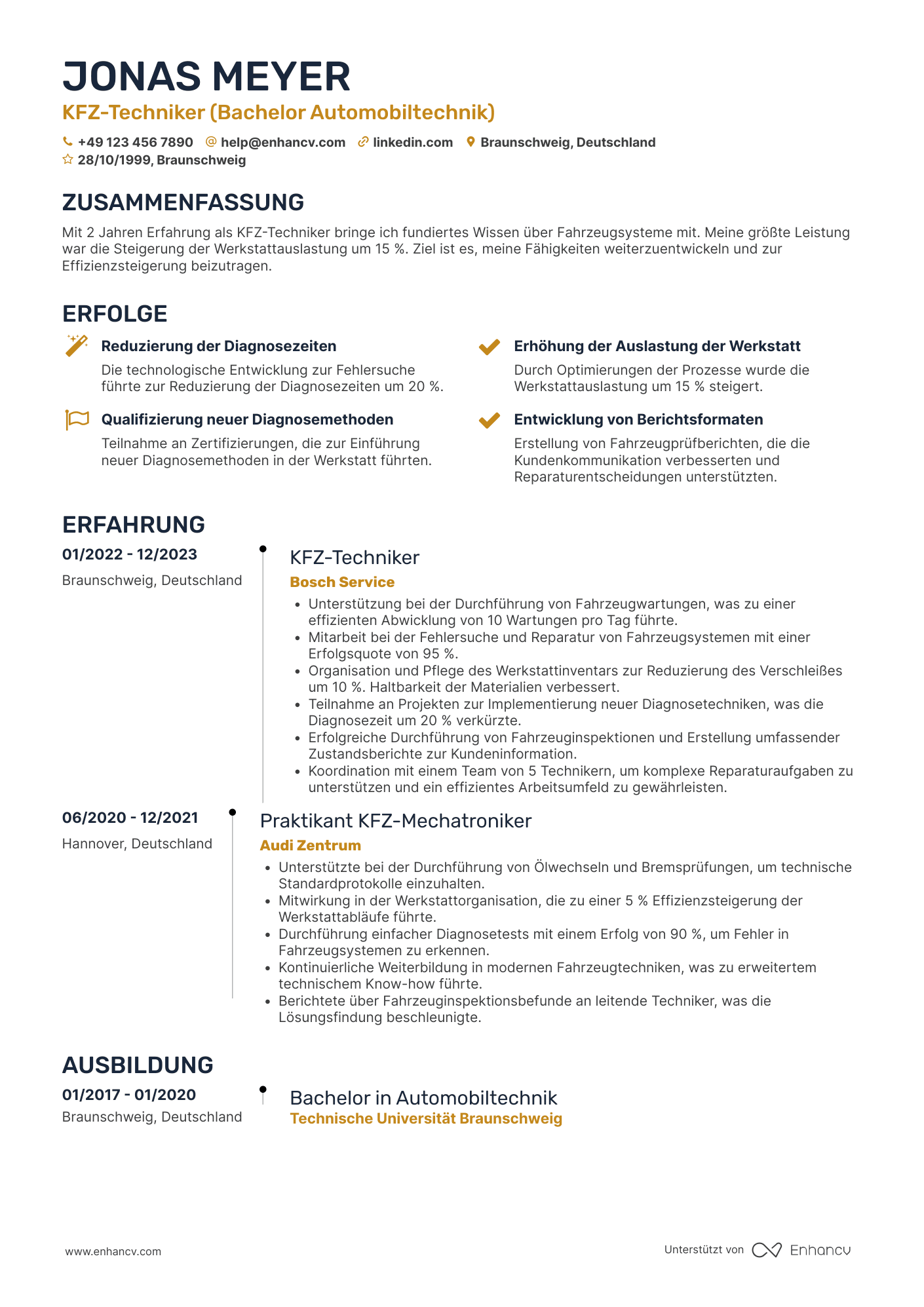 Lebenslauf als Junior KFZ Mechatroniker Resume Example