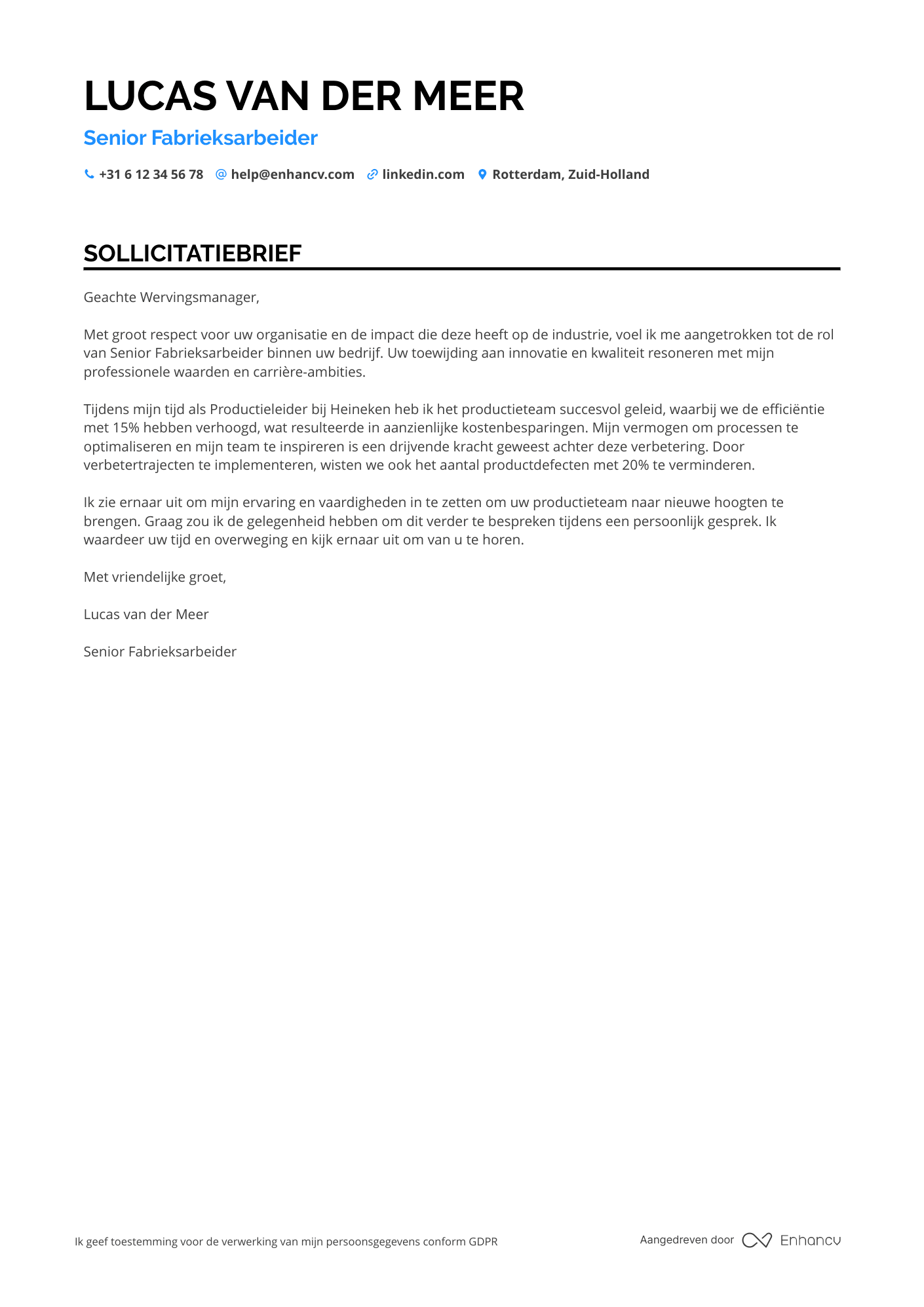 Sollicitatiebrief voor Senior Fabrieksarbeider Resume Example