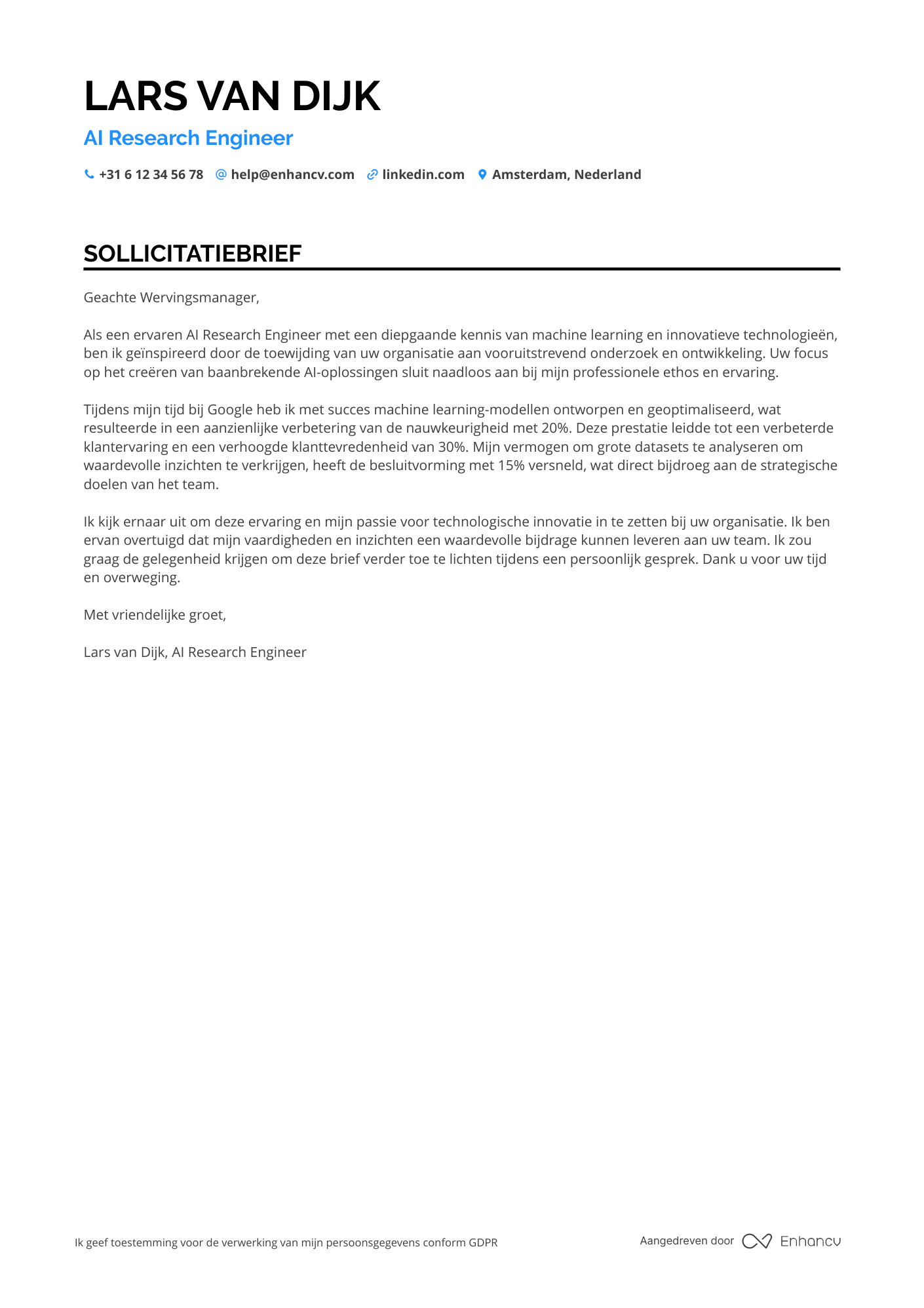 Sollicitatiebrief voor AI Research Engineer Resume Example