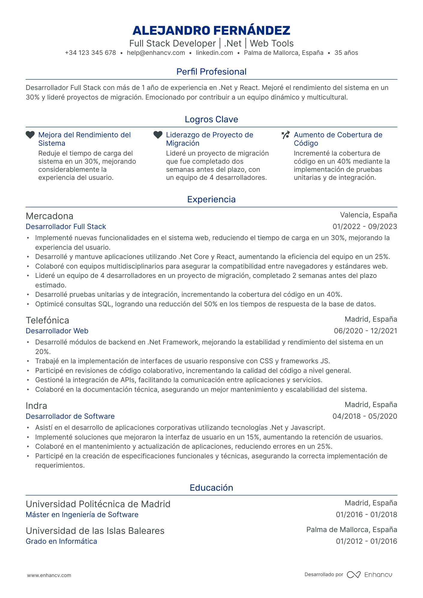 Desarrollador Web Full Stack Resume Example