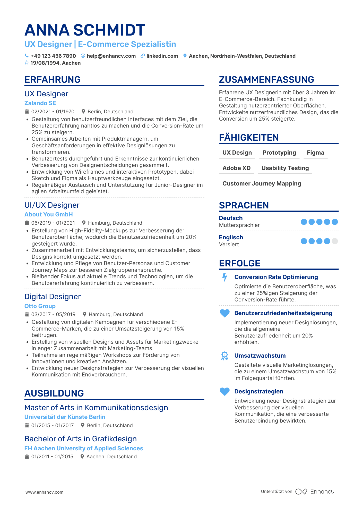 Lebenslauf in UX Designer für E Commerce Resume Example