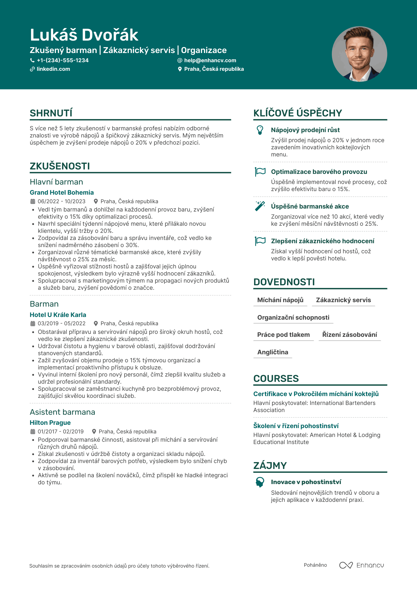 Životopis pro Barman v hotelovém průmyslu Resume Example