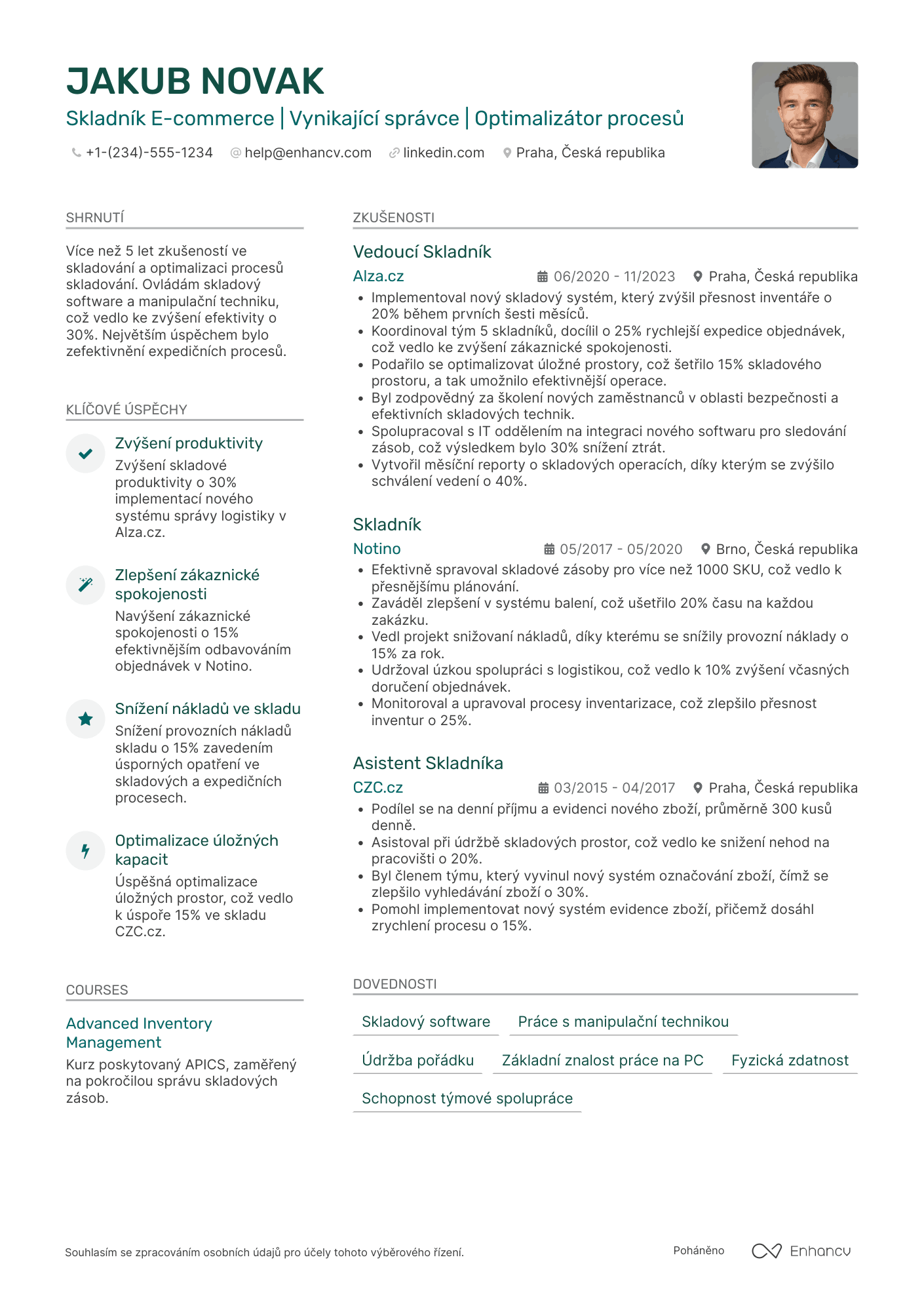 Životopis pro Skladník E commerce Resume Example