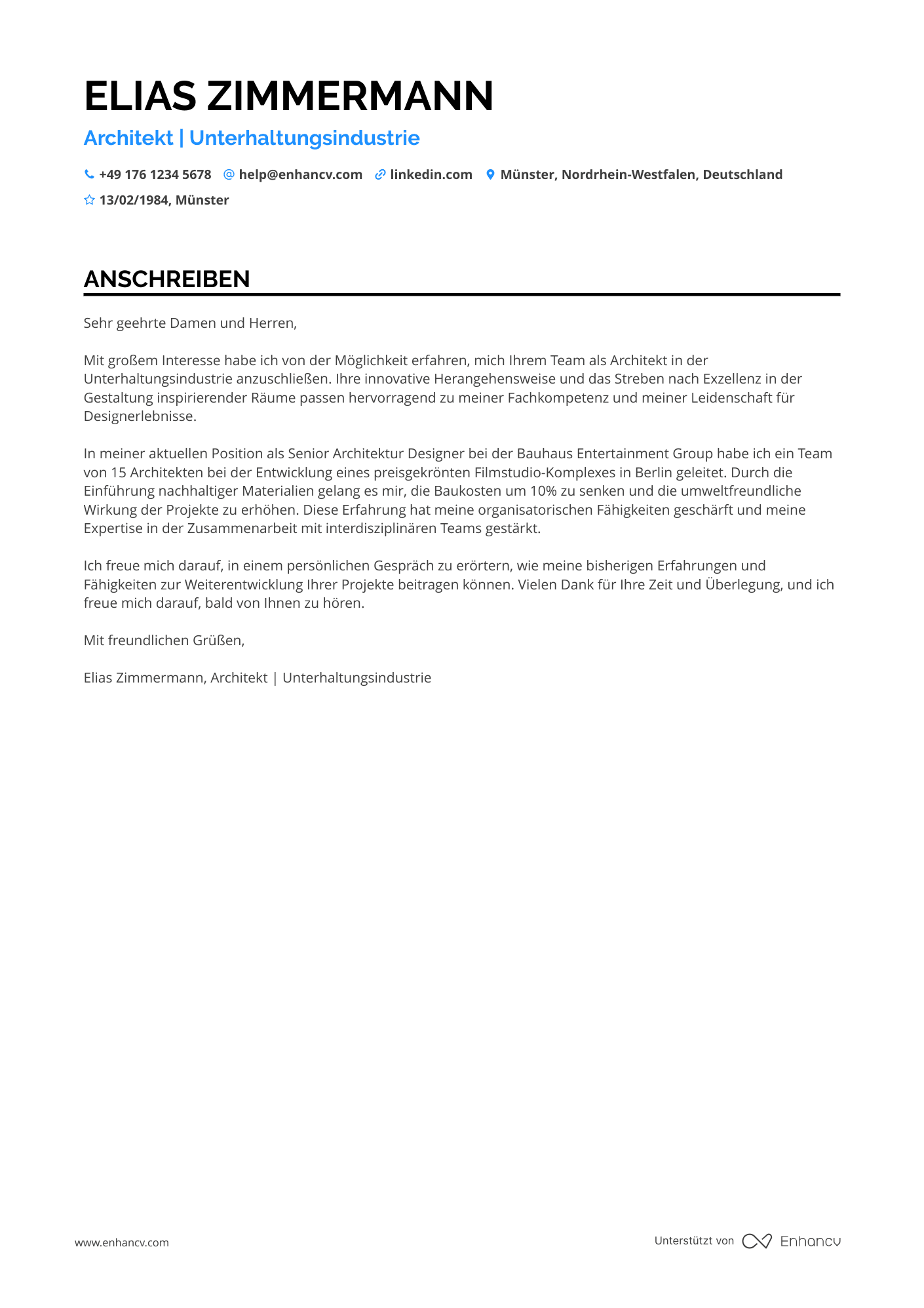 Architekt für Unterhaltungsindustrie Resume Example