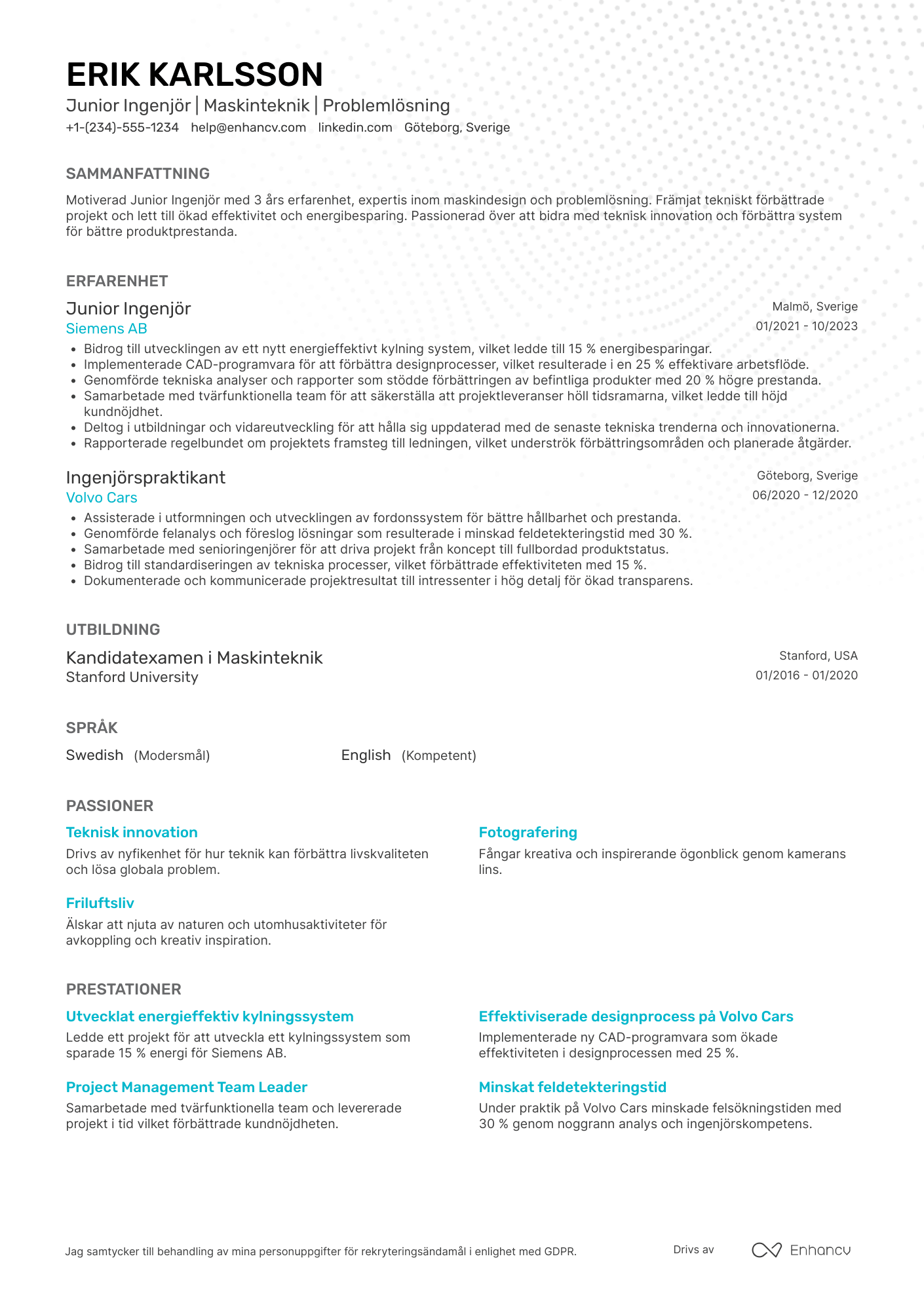 CV för Junior Ingenjör Resume Example