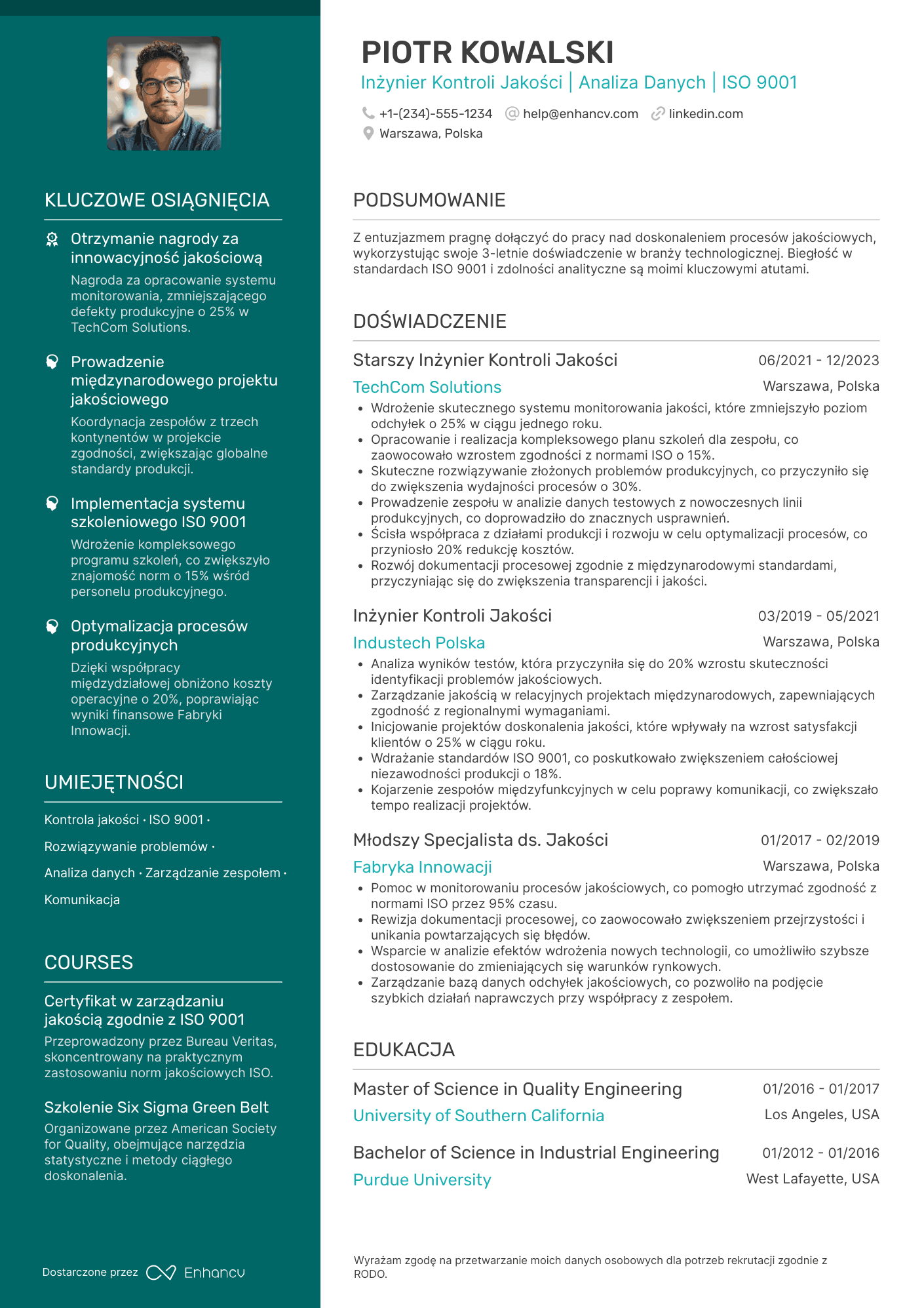 CV dla Inżynier Kontroli Jakości Resume Example