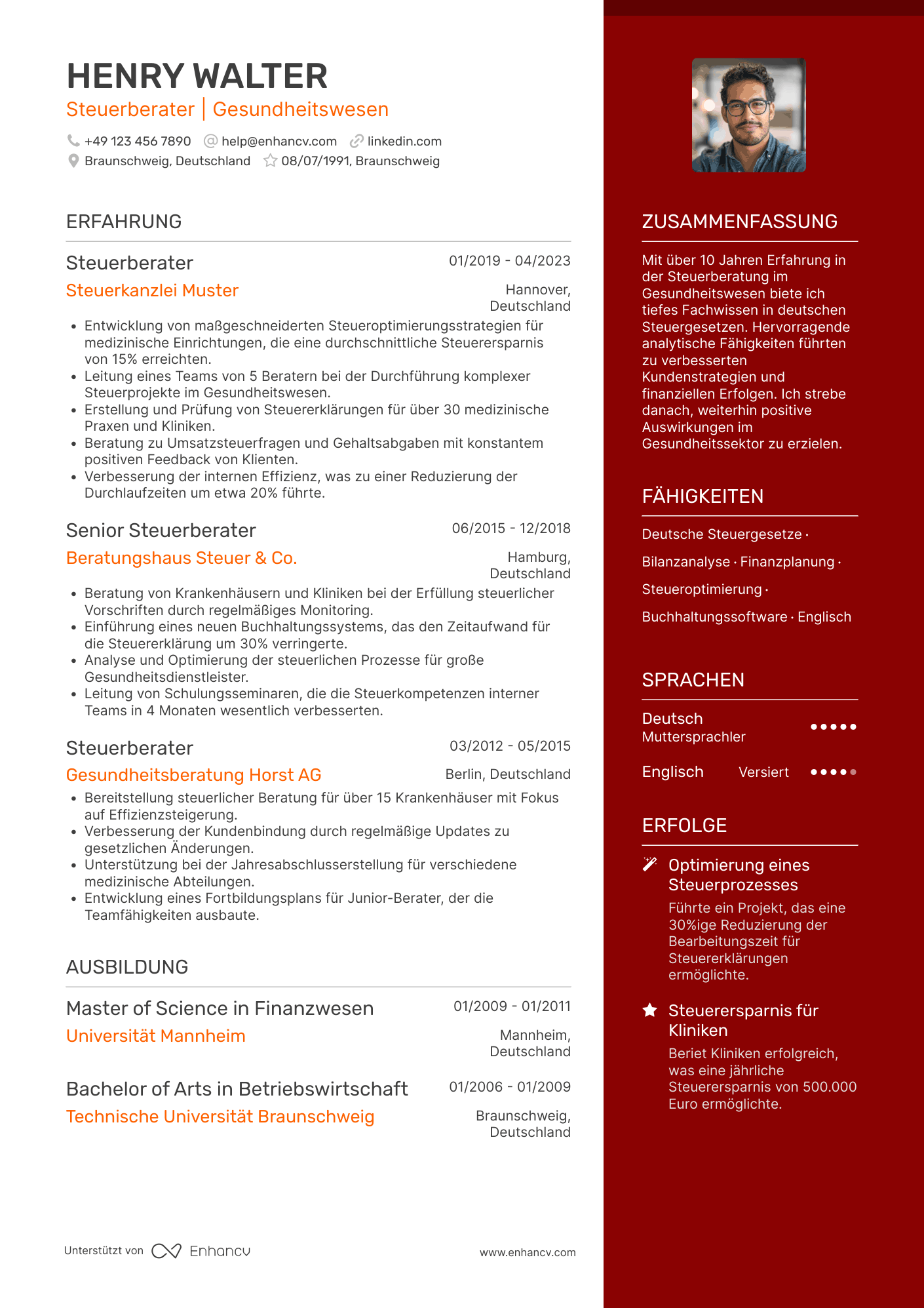 Lebenslauf in Steuerberater im Gesundheitswesen Resume Example