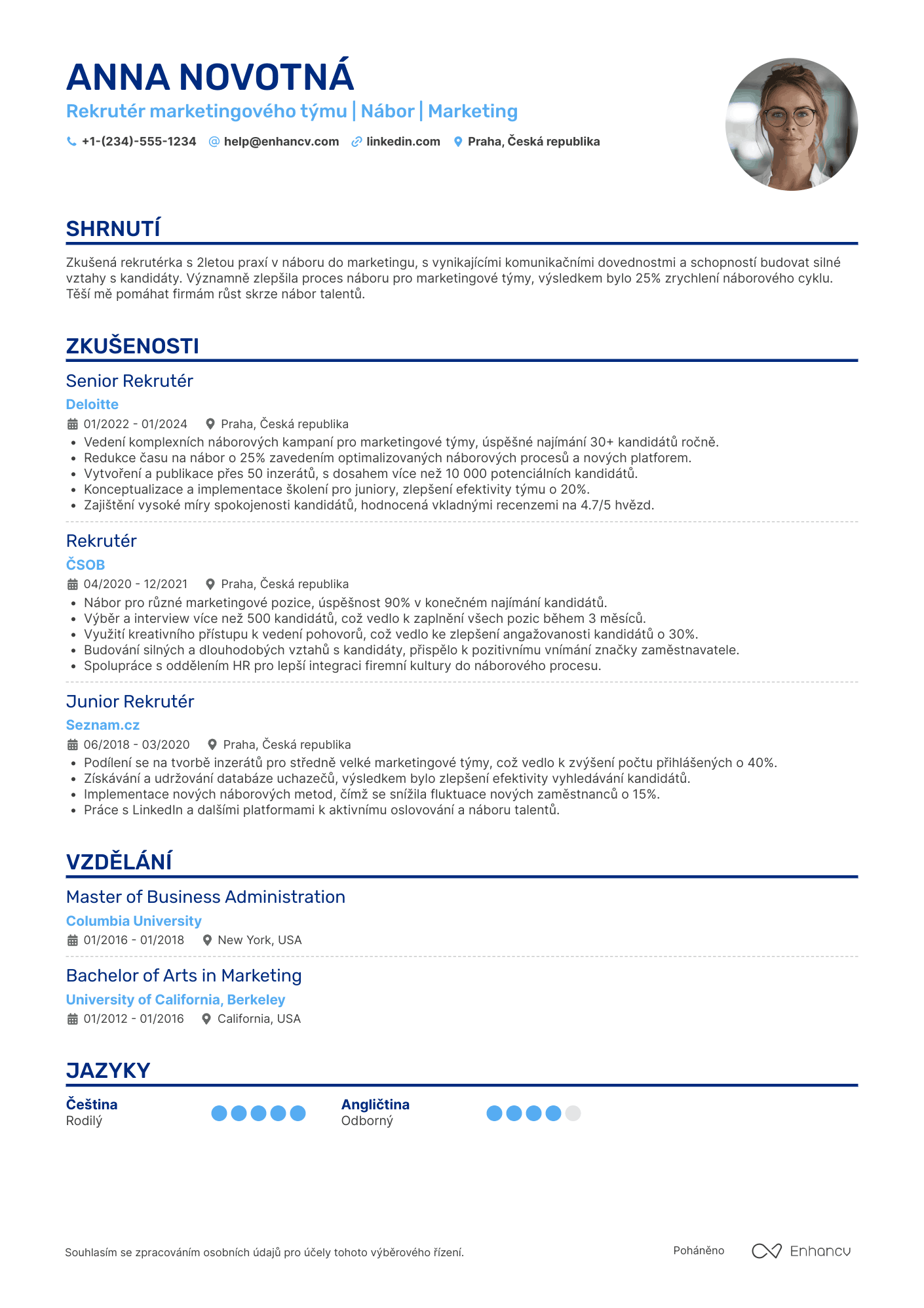 Životopis pro Rekrutér marketingového týmu Resume Example