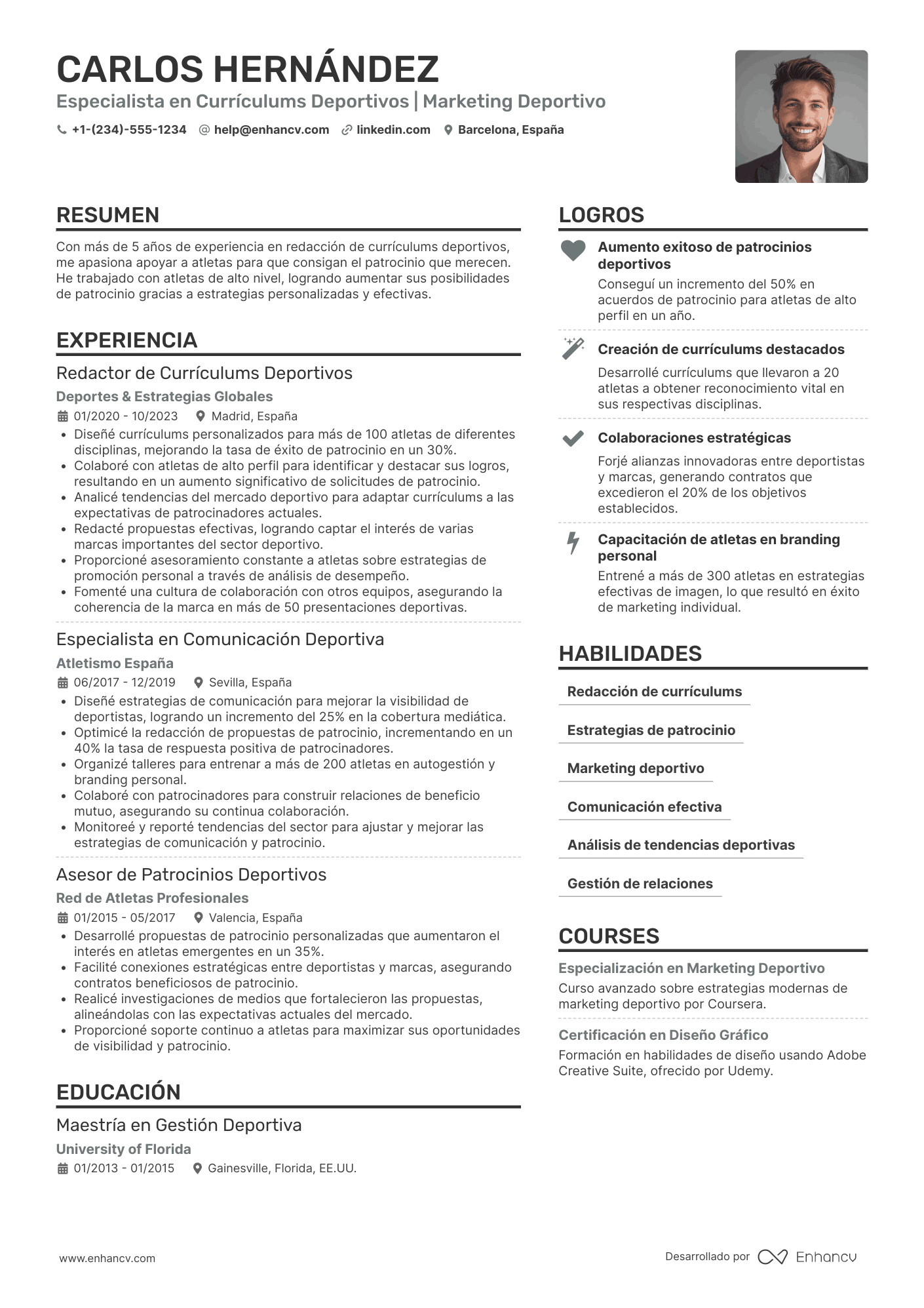 Ejemplo de currículum deportivo para patrocinio Resume Example