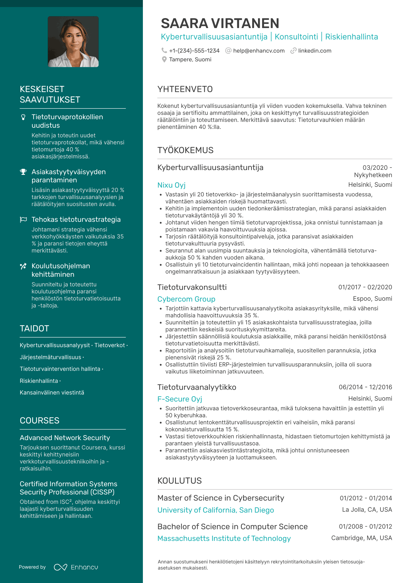 Ansioluettelo Kyberturvallisuusasiantuntija konsultti Resume Example