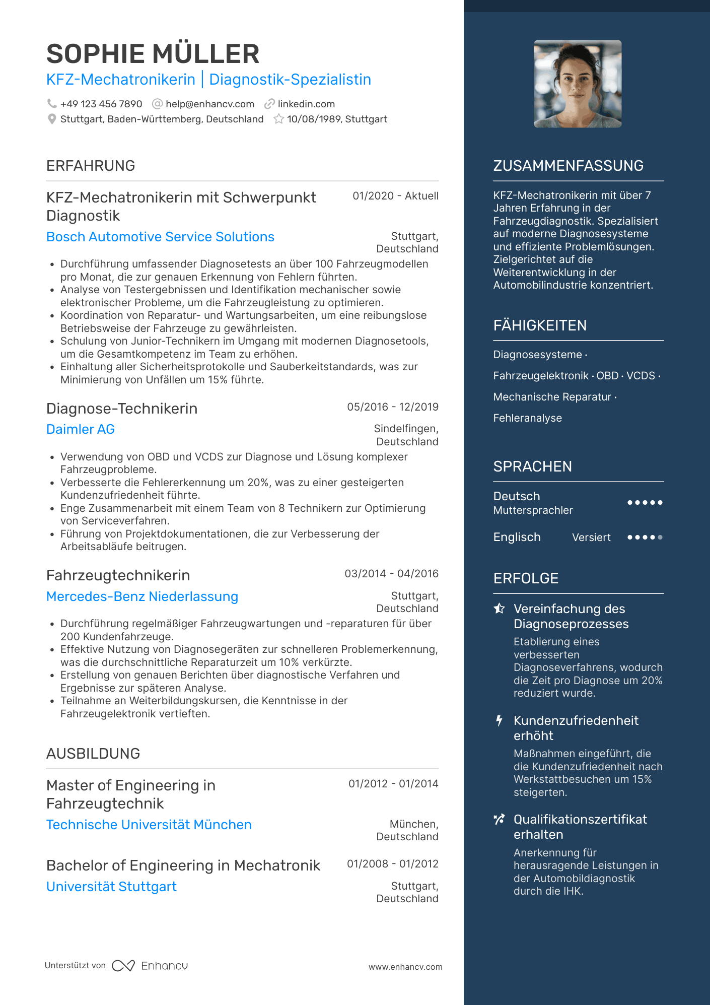 Lebenslauf als KFZ Mechatroniker mit Schwerpunkt Diagnostik Resume Example