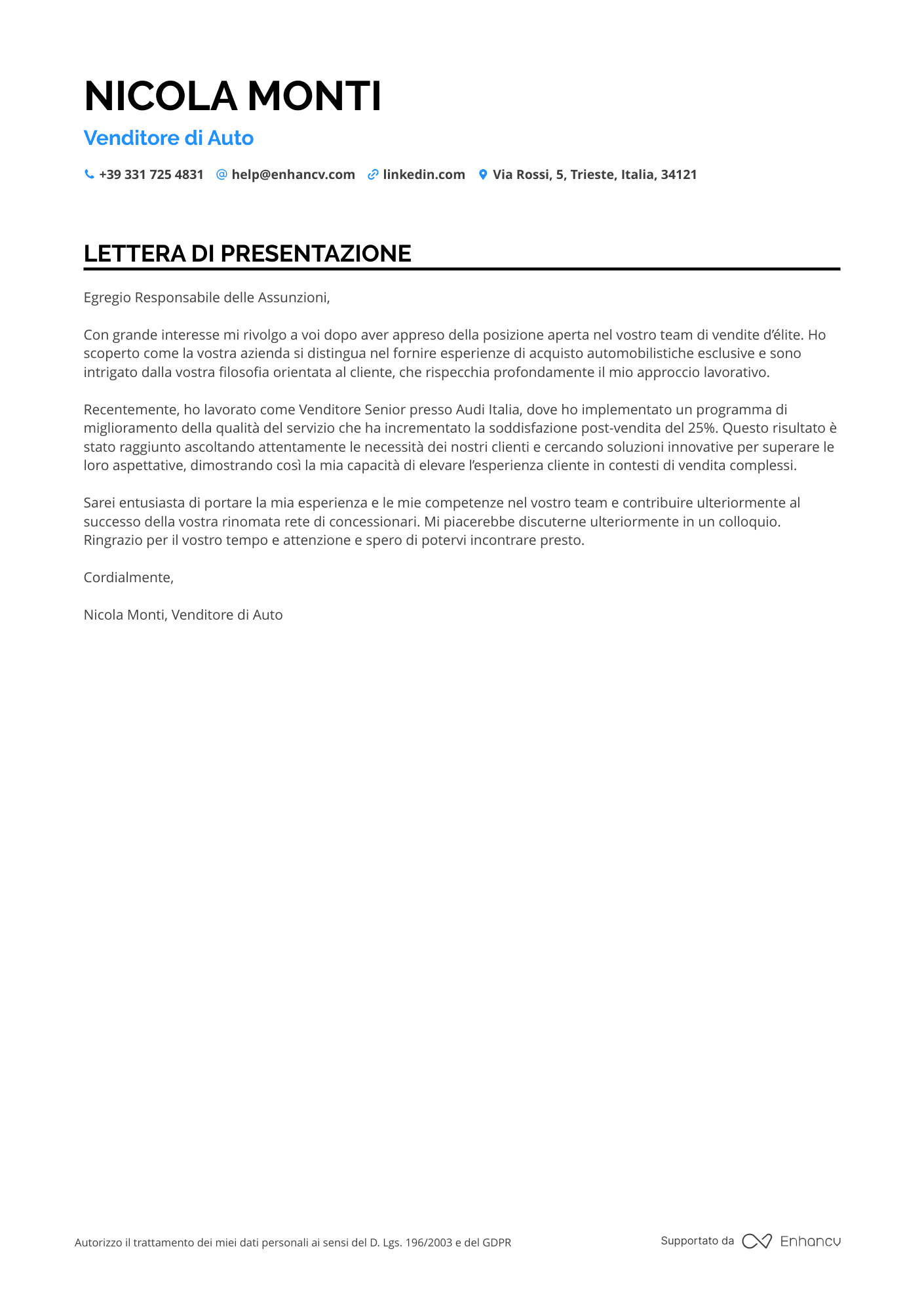 Venditore Senior Resume Example