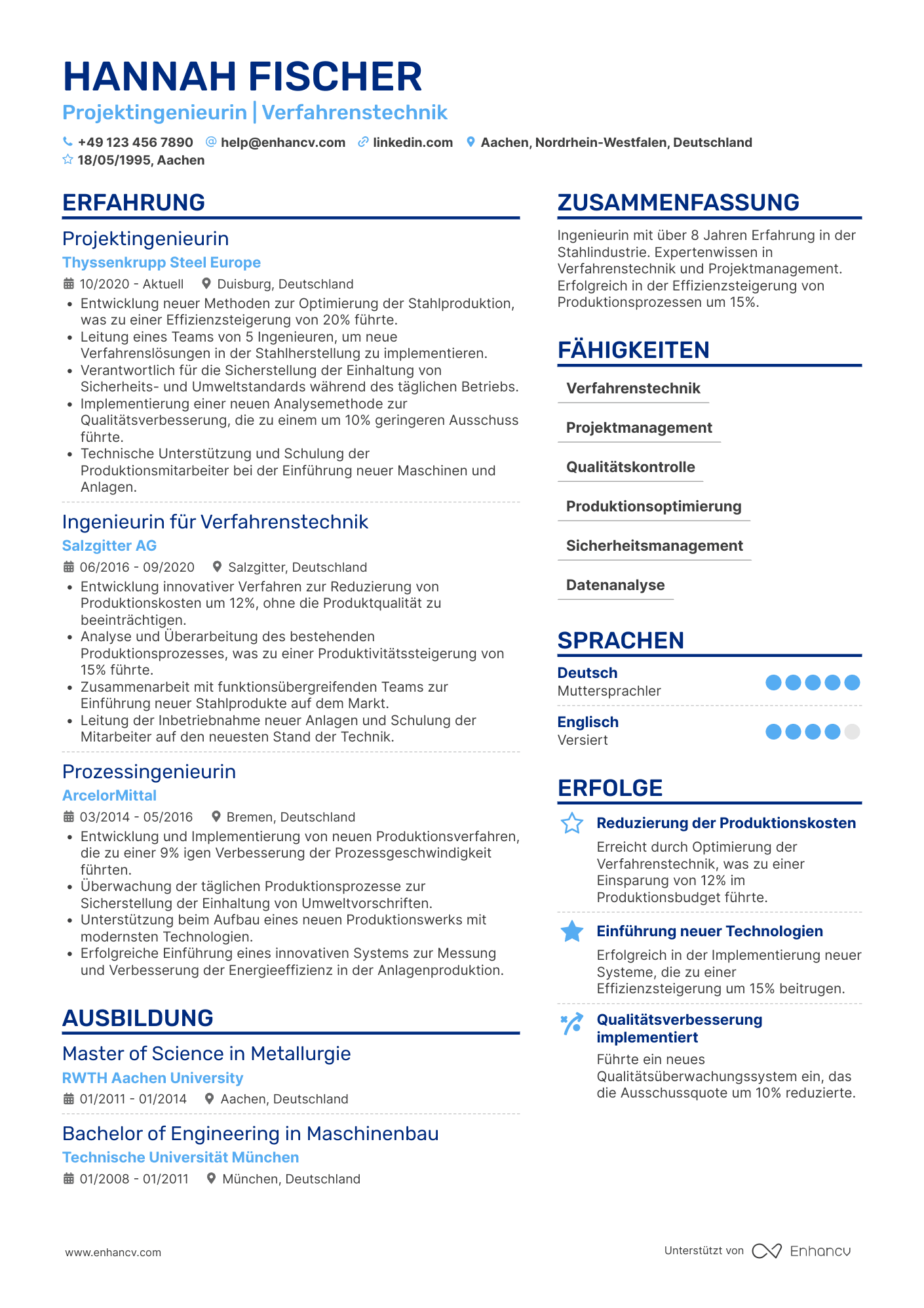 Lebenslauf in Ingenieur für Stahlindustrie Resume Example