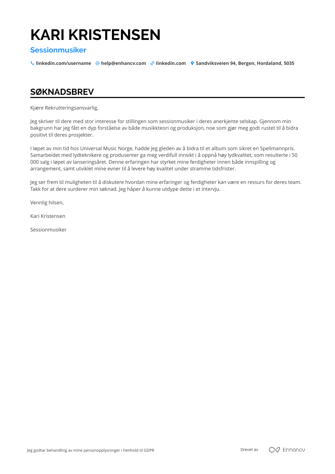 Søknadsbrev for Sessionmusiker Resume Example