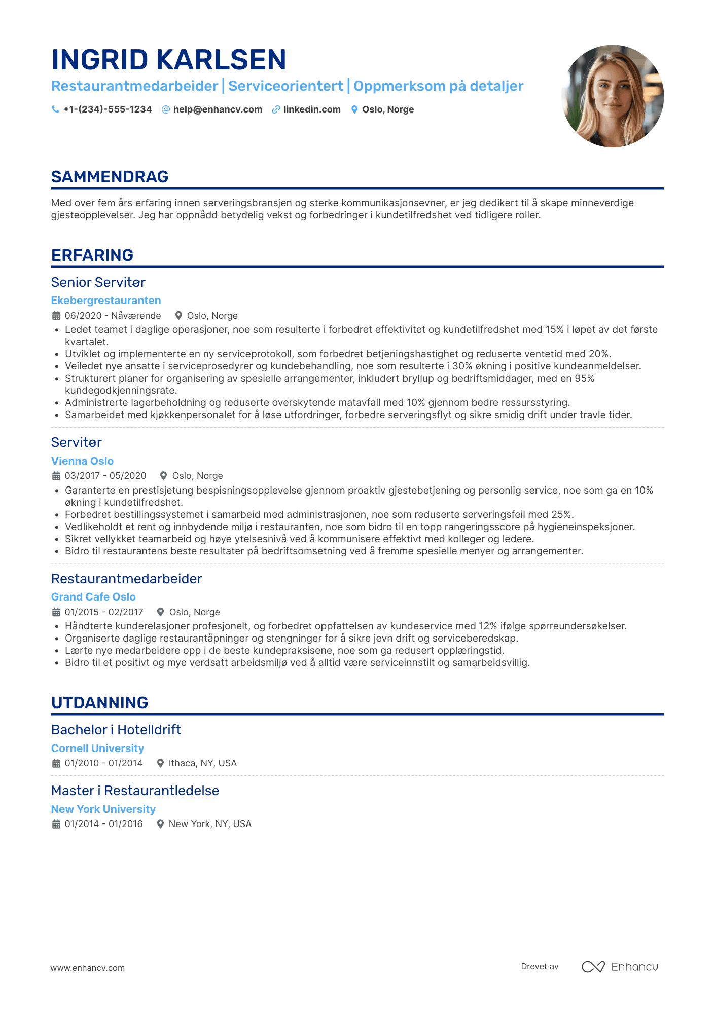 CV for Restaurantmedarbeider Erfarne Resume Example