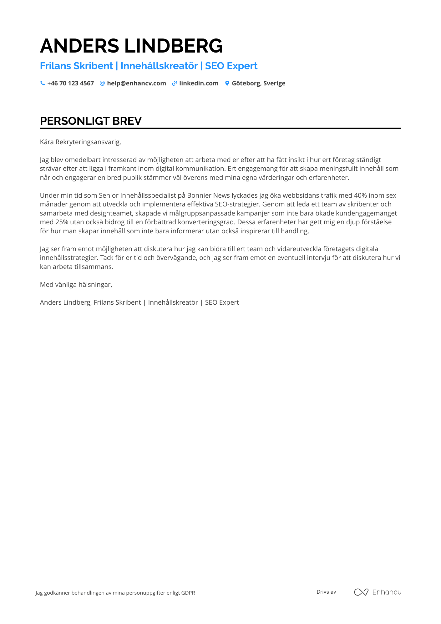Personligt brev för Frilans Skribent Resume Example
