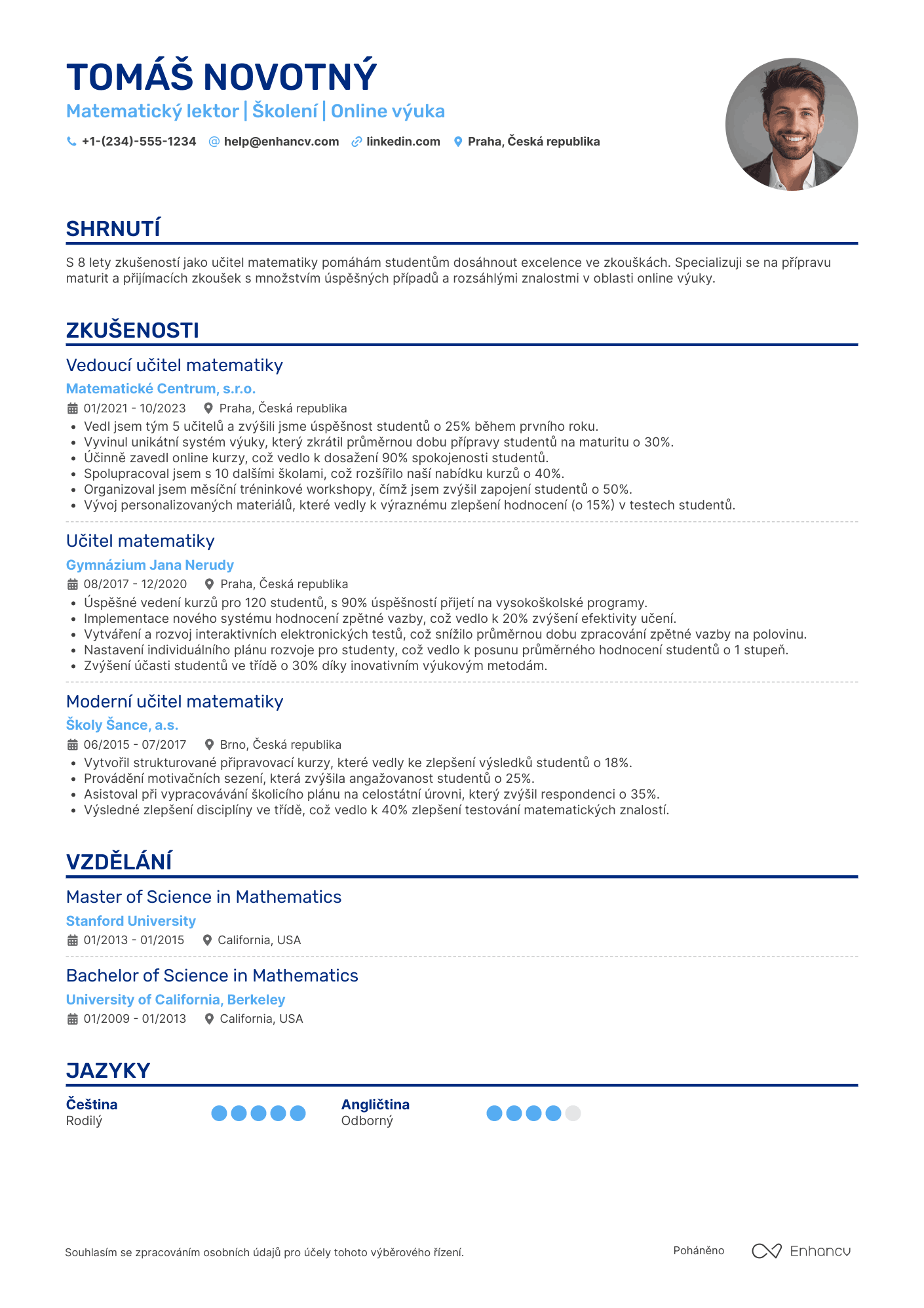 Životopis pro Učitel matematiky pro přípravu na zkoušky Resume Example