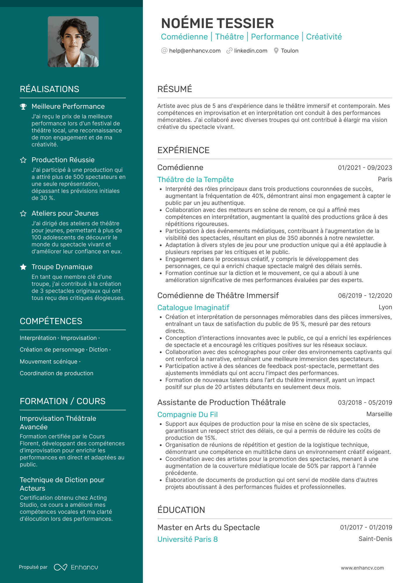 Artistique de comédien Resume Example