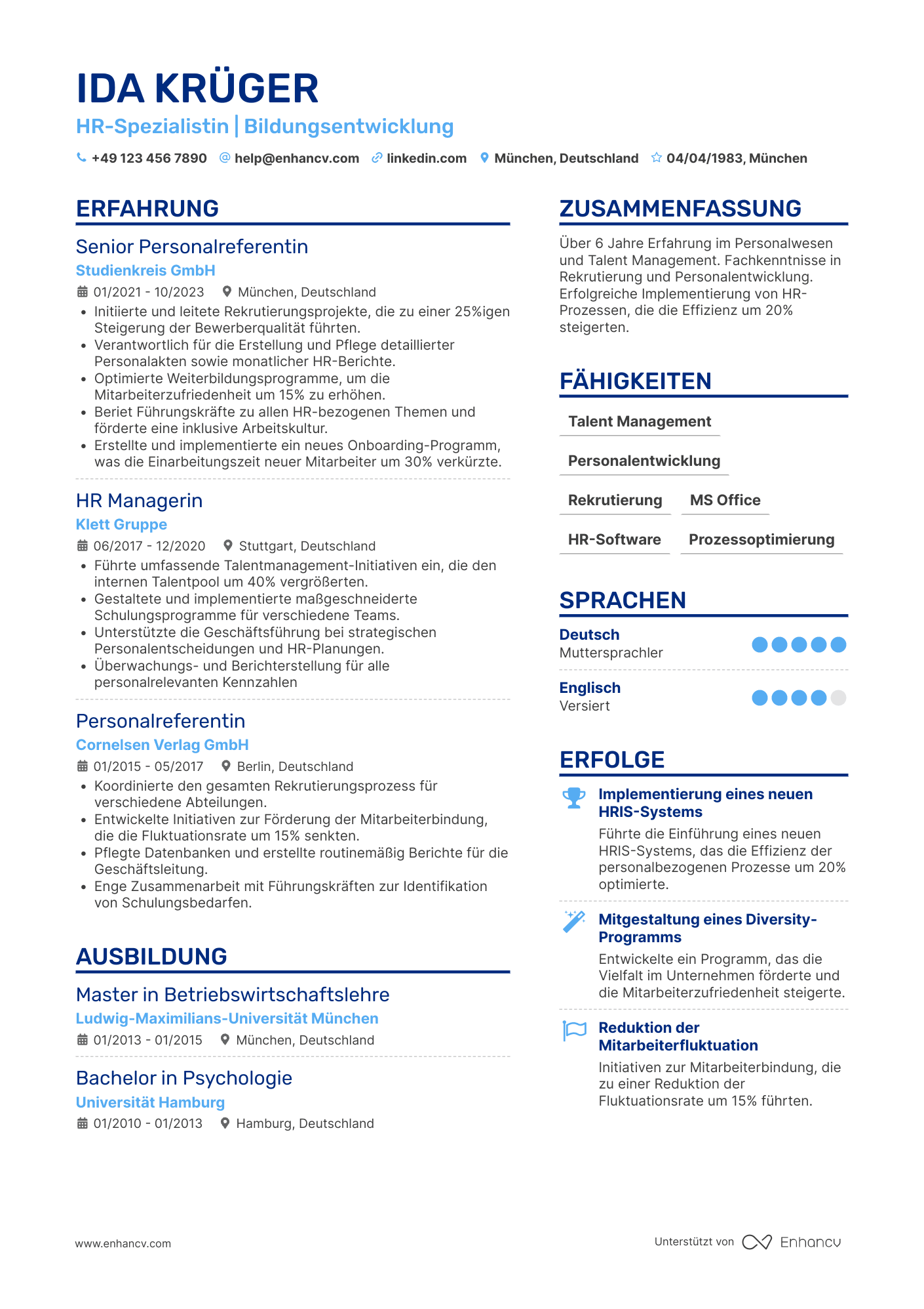 Lebenslauf in Personaler in der Bildungsbranche Resume Example