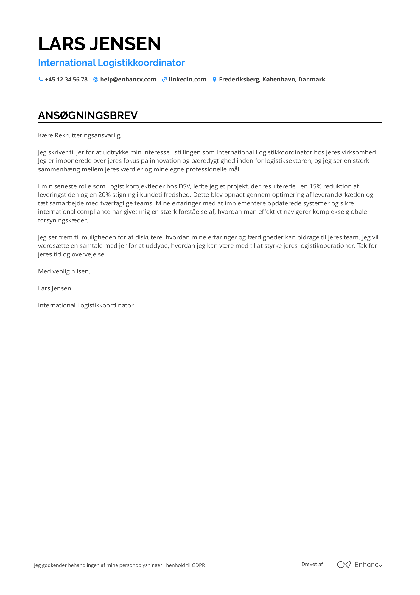Ansøgningsbrev til International logistikkoordinator Resume Example