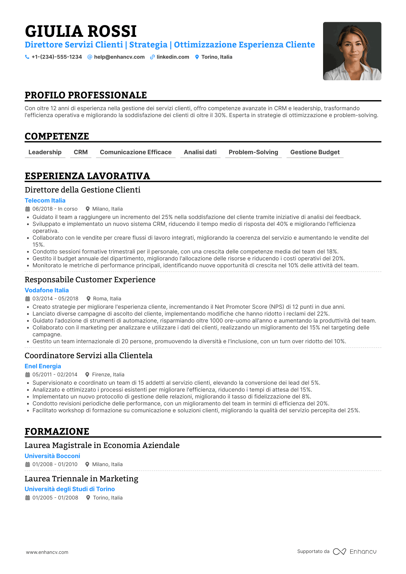 CV Direttore generale dei servizi clienti Resume Example