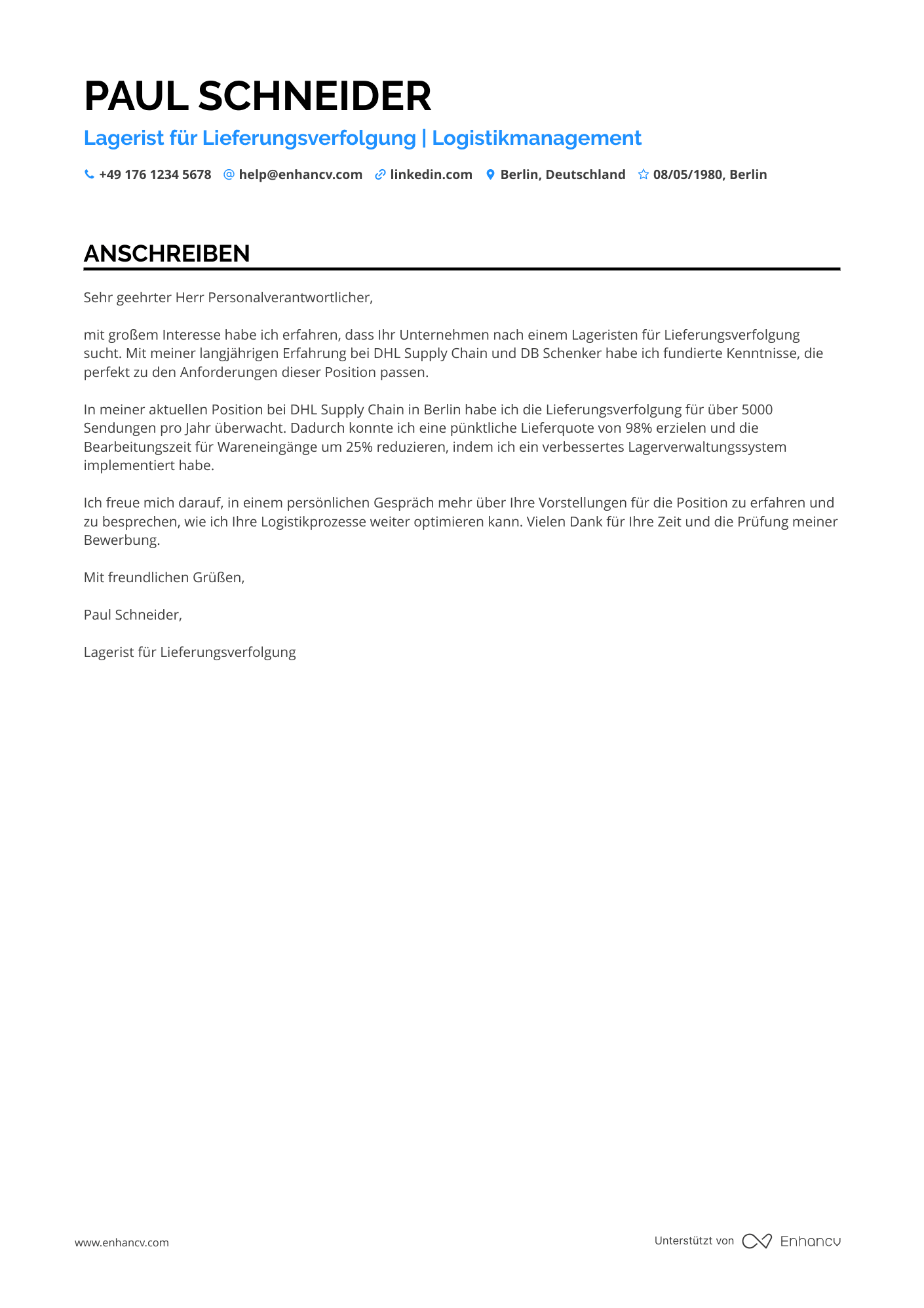 Lagerist für Lieferungsverfolgung Resume Example