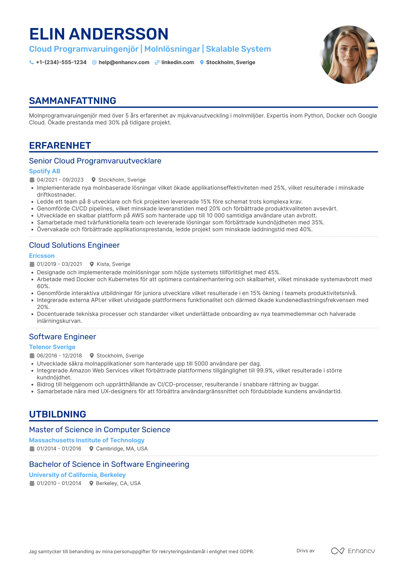CV för Cloud Programvaruingenjör Resume Example