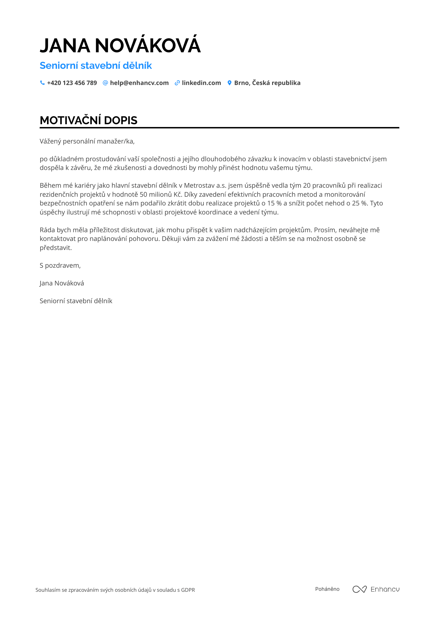 Motivační dopis pro Seniorní stavební dělník Resume Example