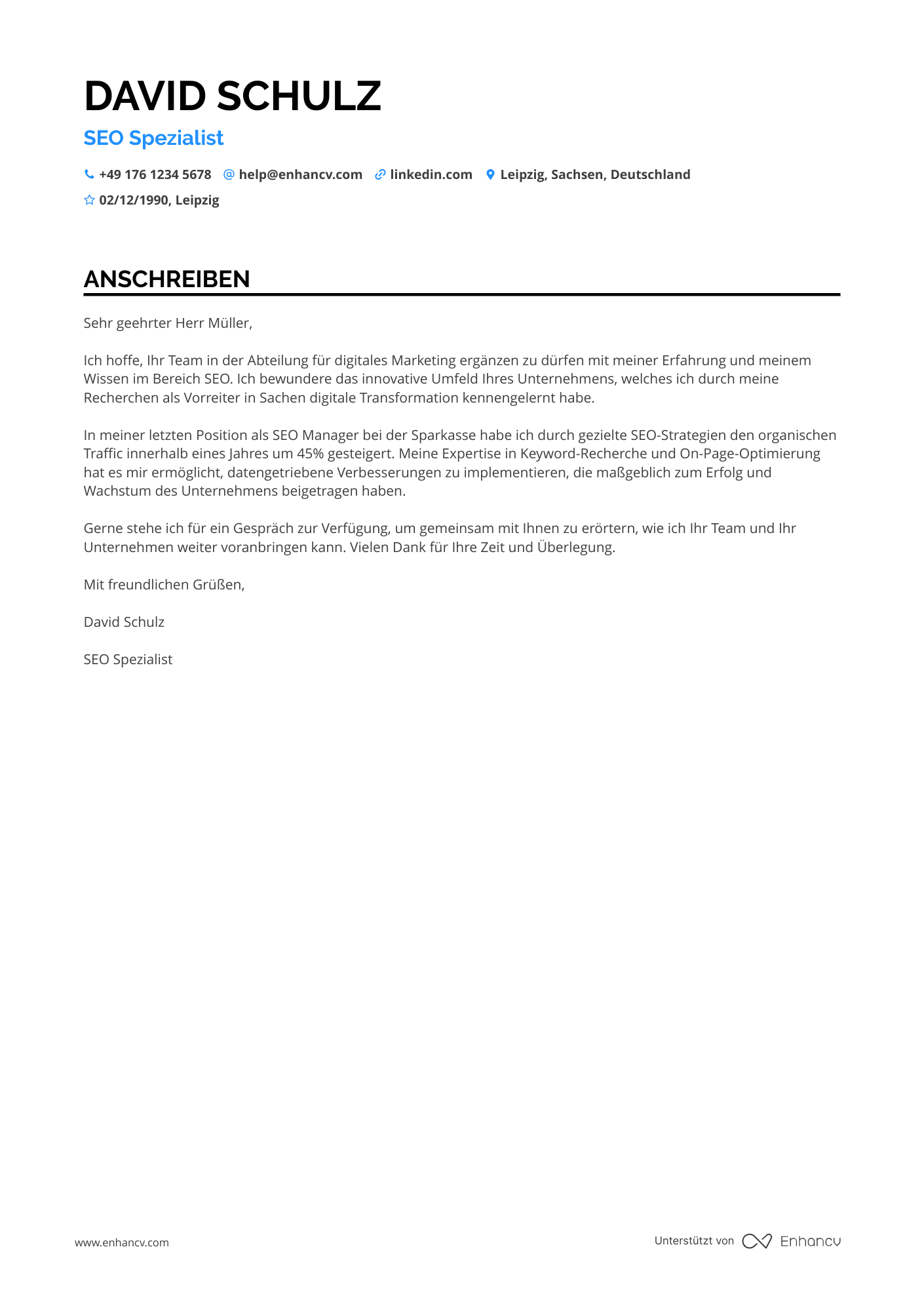 SEO Spezialist für Content Marketing Resume Example